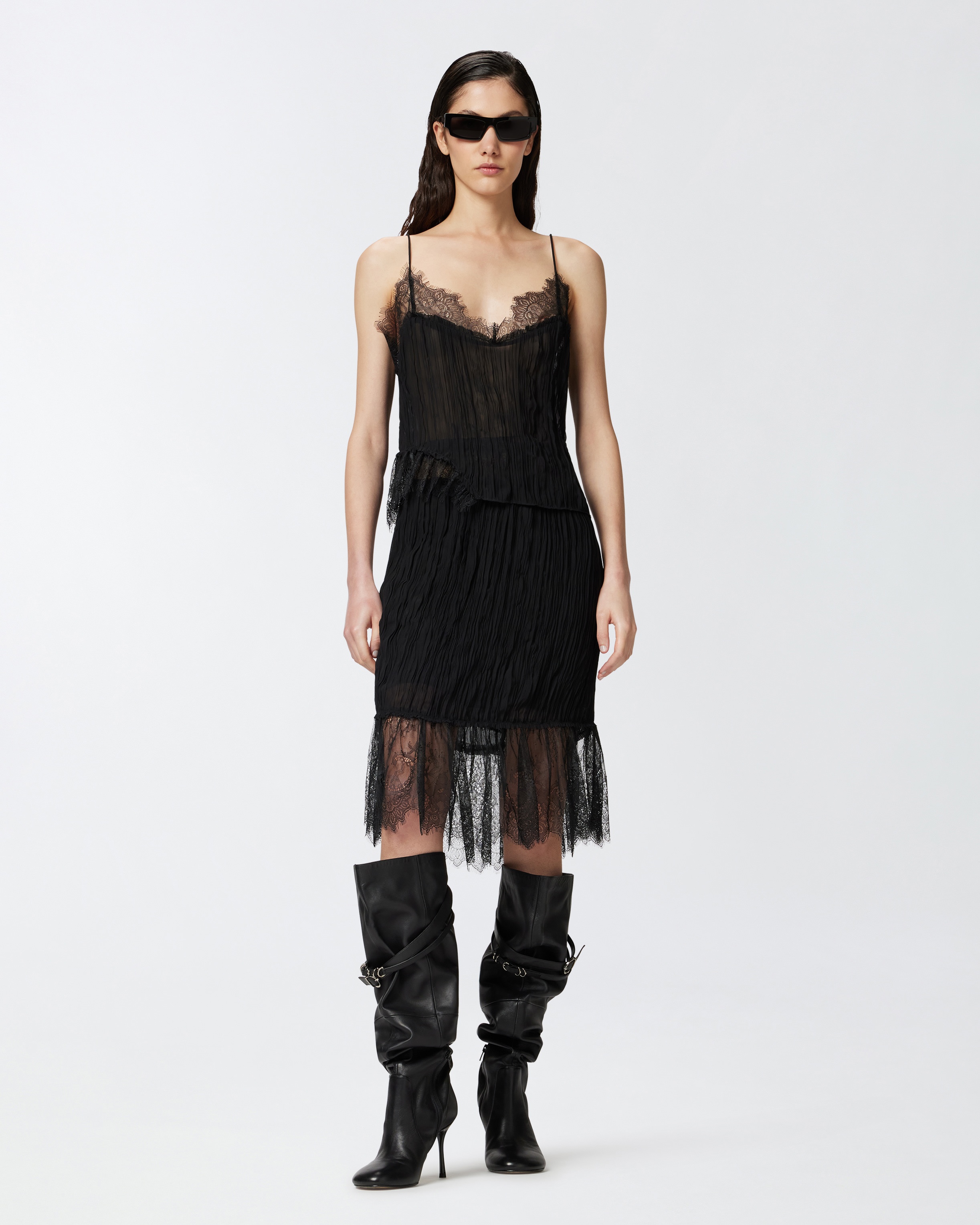 GATHERED KNEE-LENGTH SKIRT WITH LACE - 2