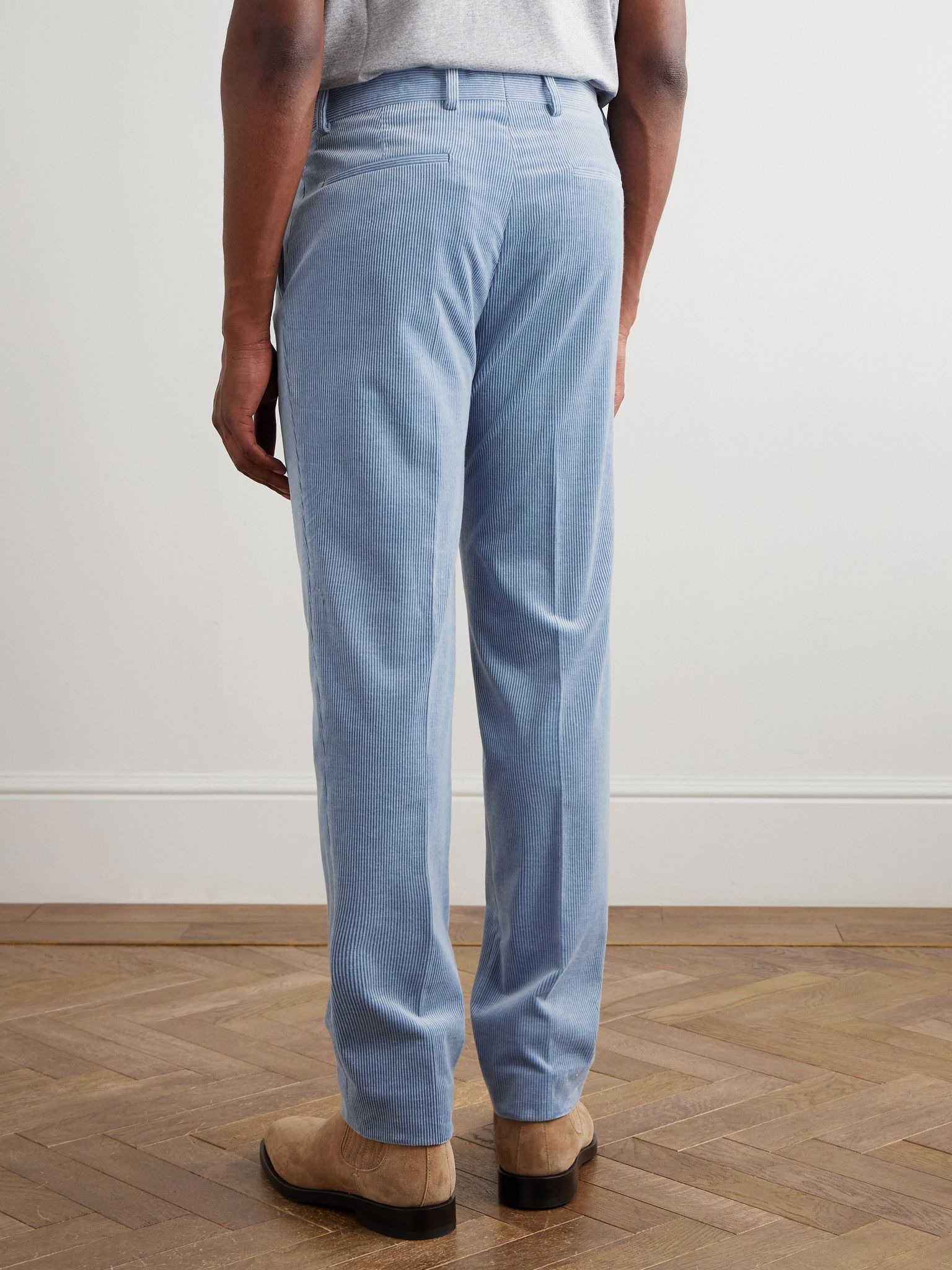 Straight-Leg Pleated Stretch Cotton and Cashmere-Blend Corduroy Suit Trousers Blue - 4