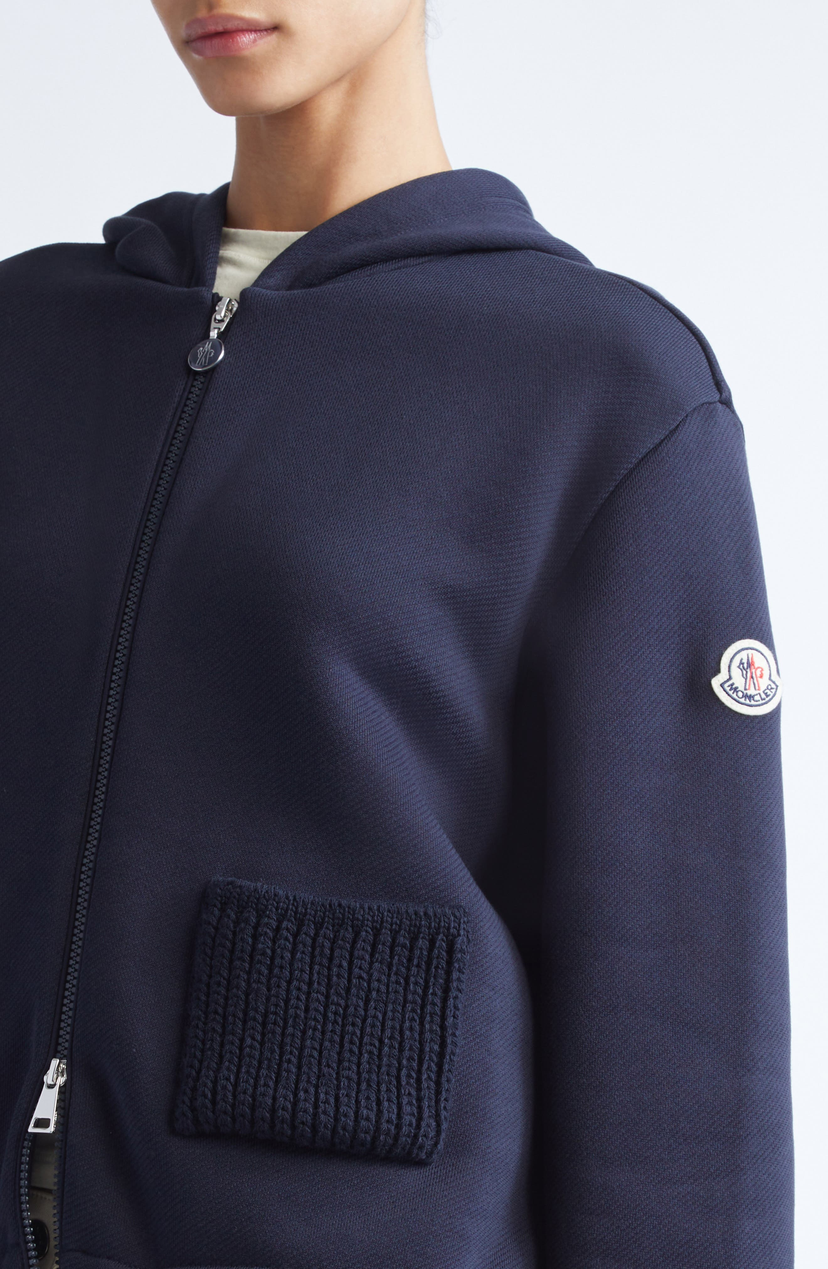 Moncler Knit Accent Cotton Blend Zip Hoodie in Dark Navy Blue at Nordstrom - 5