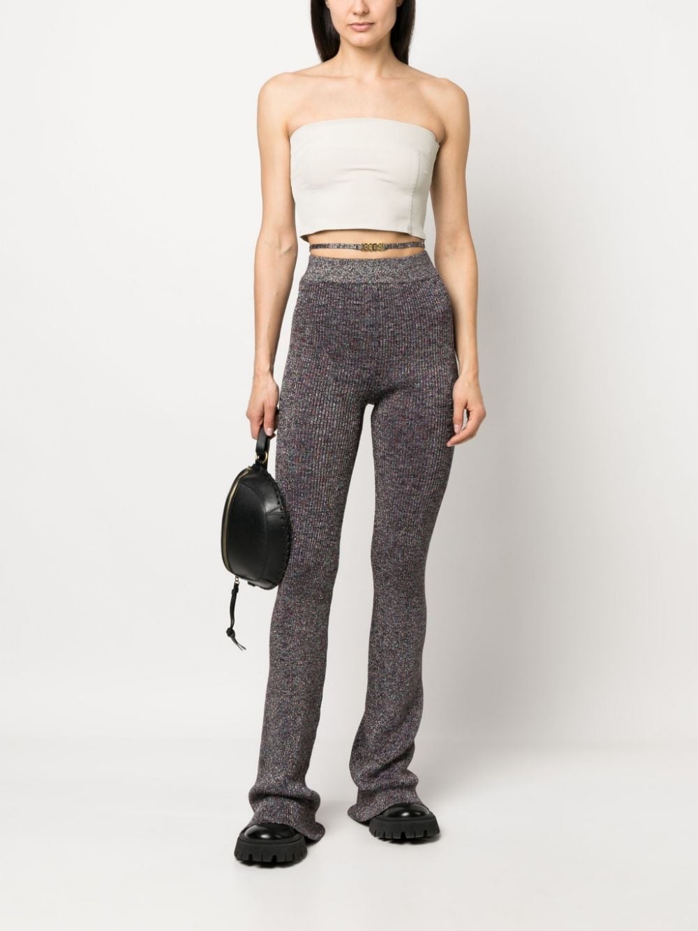 lurex-detailing flared knitted trousers - 2
