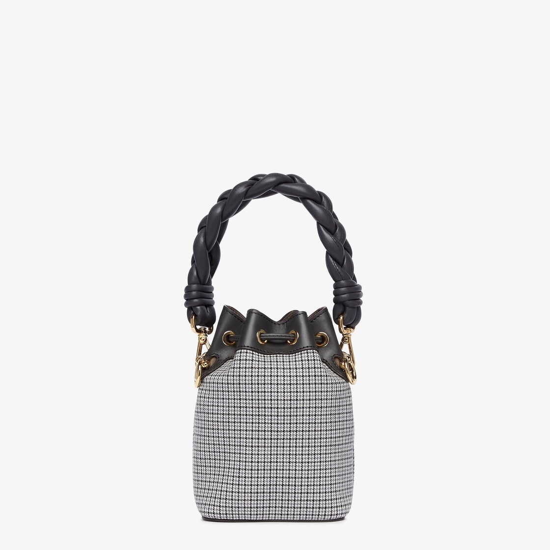 Small Mon Tresor bucket bag made of gray houndstooth wool with FENDI ROMA lettering and black leathe - 3