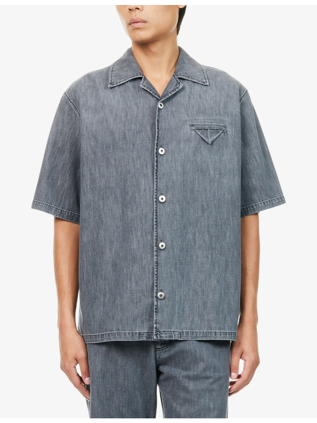 Notched-Collar Short-Sleeves Denim Shirt - 3