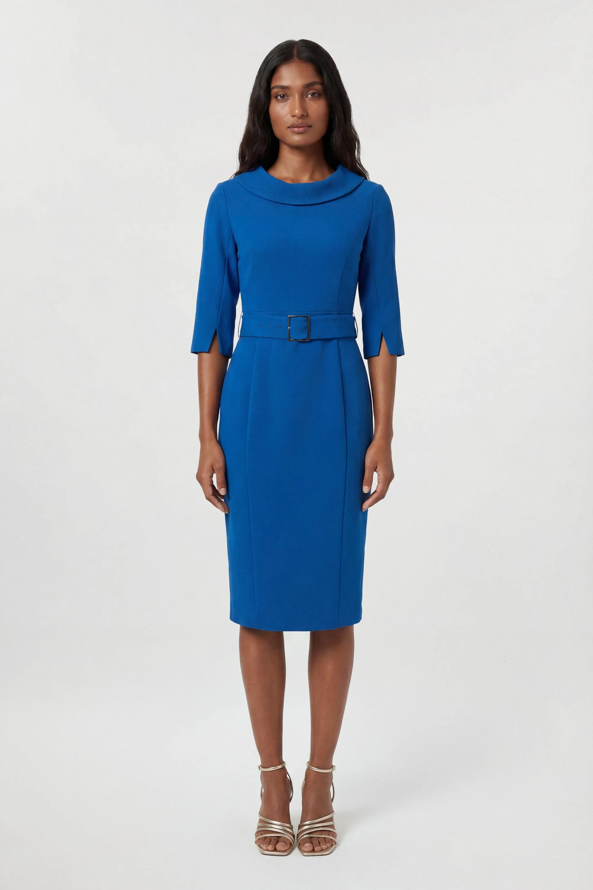 karen millen knee length dresses Karen Millen Petite Tailored One Shoulder Tuck Detail Pencil Midi Dress in Camel
