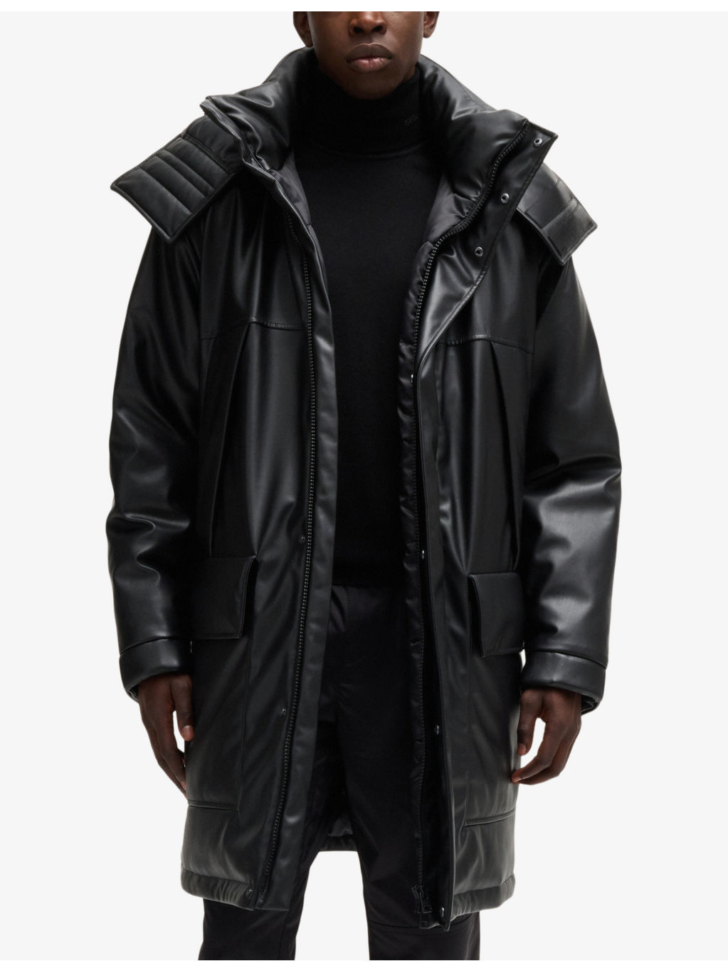 Embossed-logo longline faux leather-down jacket - 3