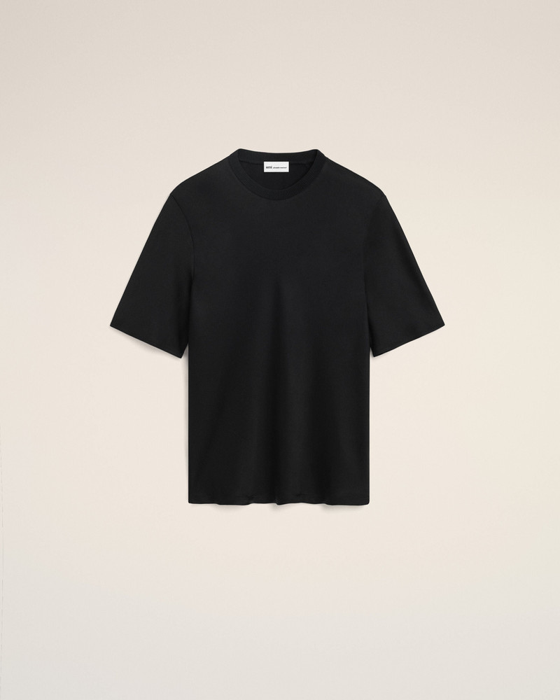 BLACK SATIN SHORT SLEEVES RIB DETAIL T-SHIRT 1