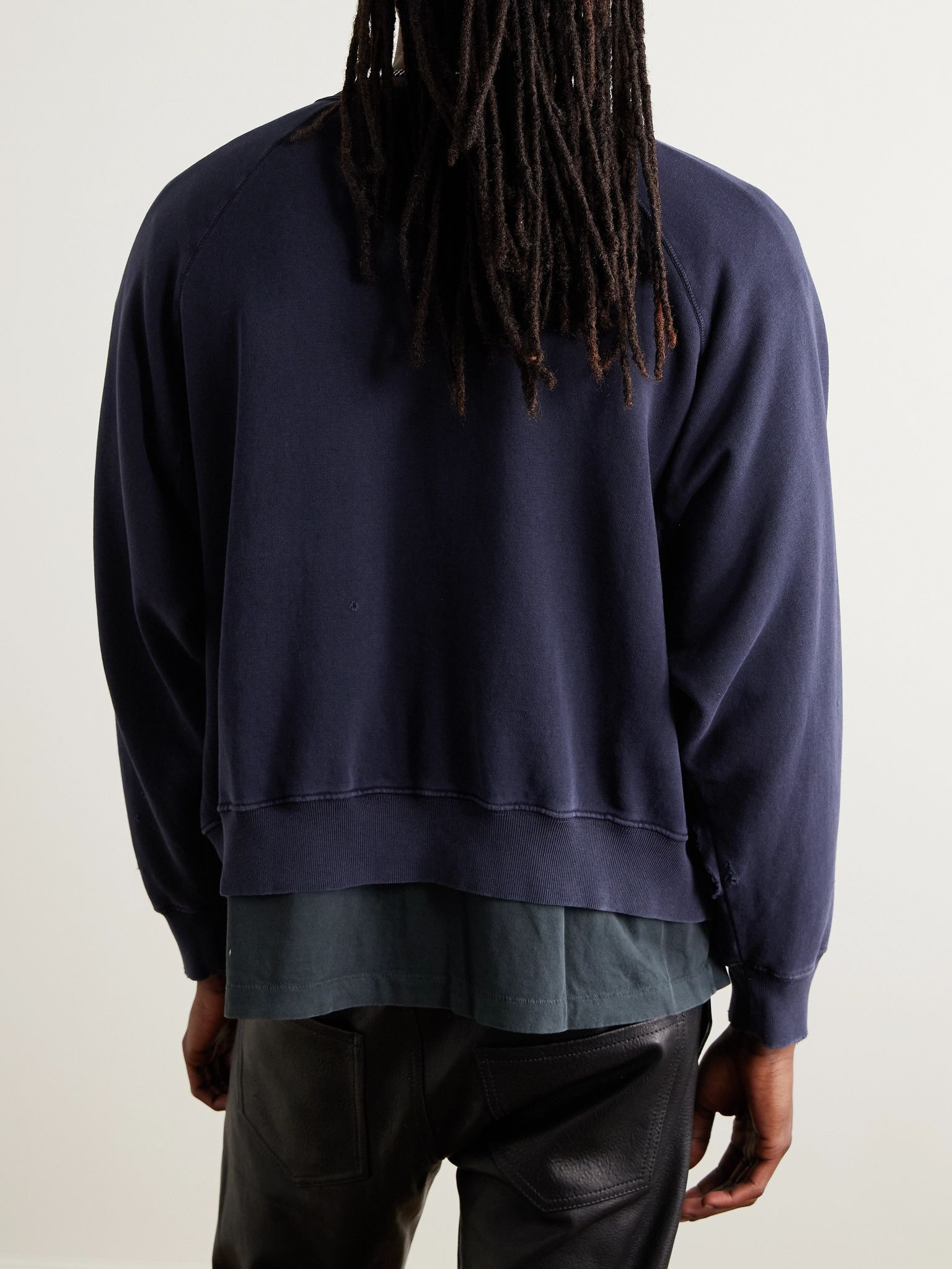 Enfants En Chaine Printed Distressed Cotton-Jersey Sweatshirt Navy - 3