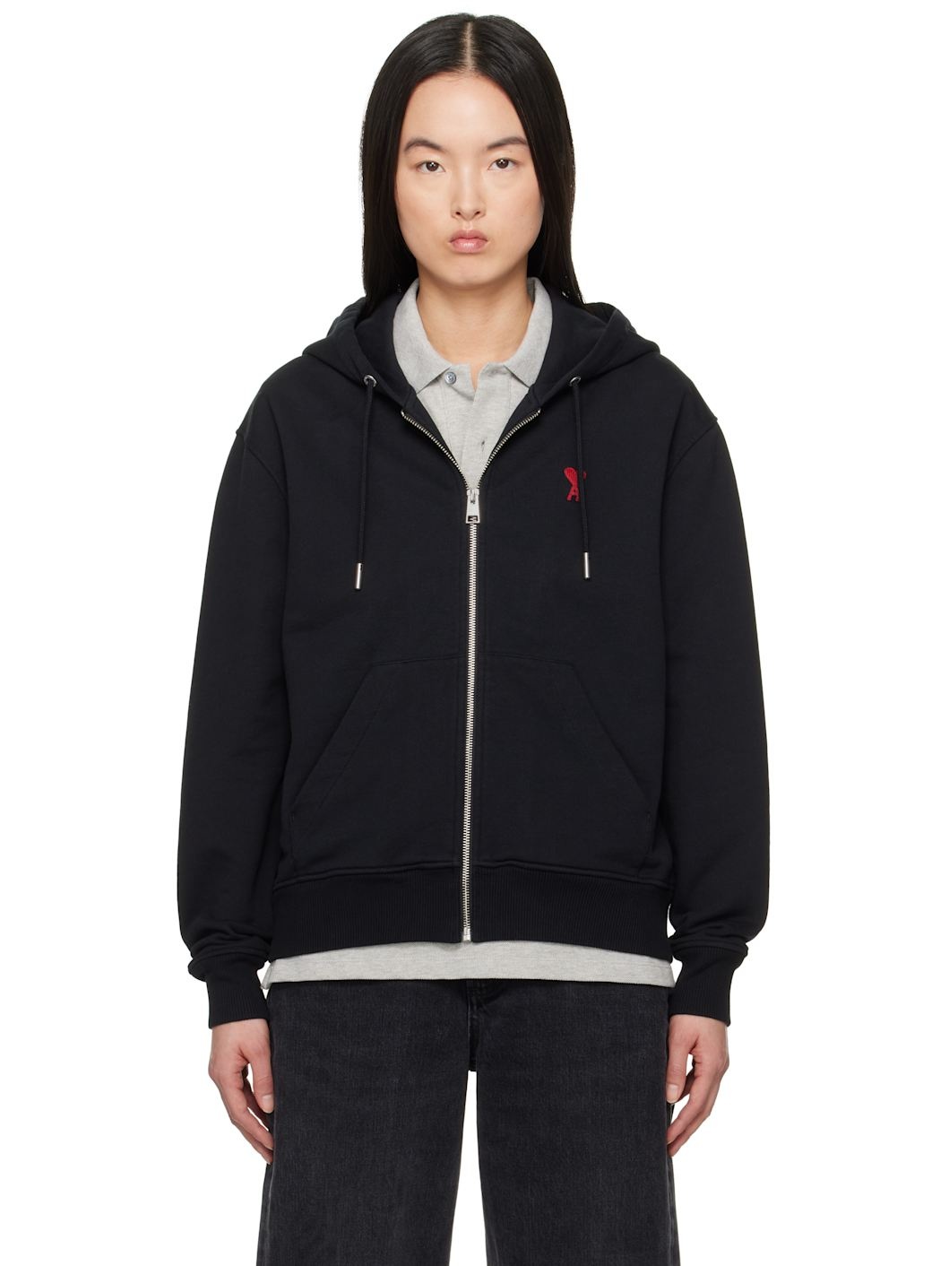 Black Cotton Ami de Coeur Zipped Hoodie - 1