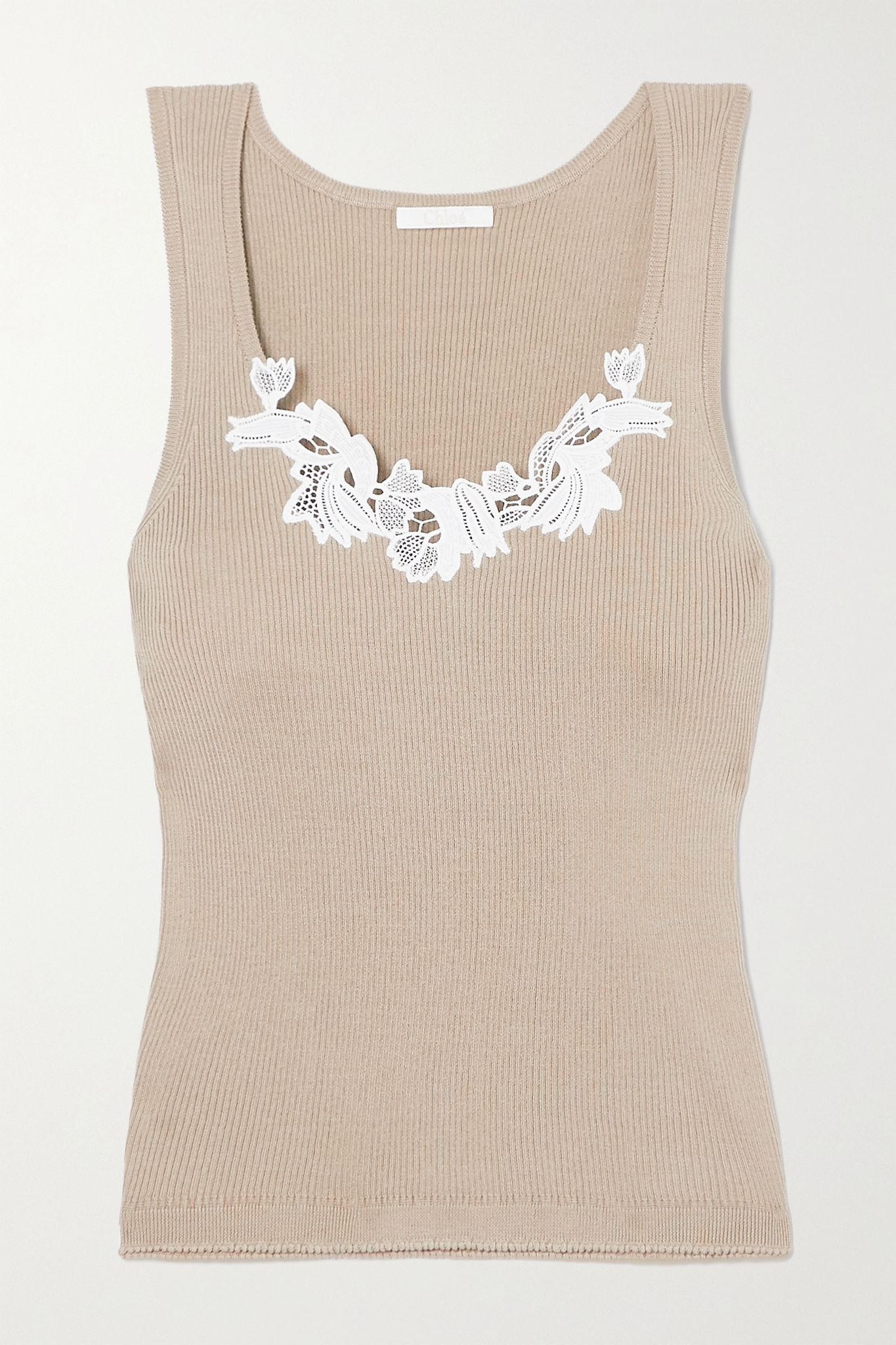 Guipure lace-trimmed ribbed cotton tank - 1