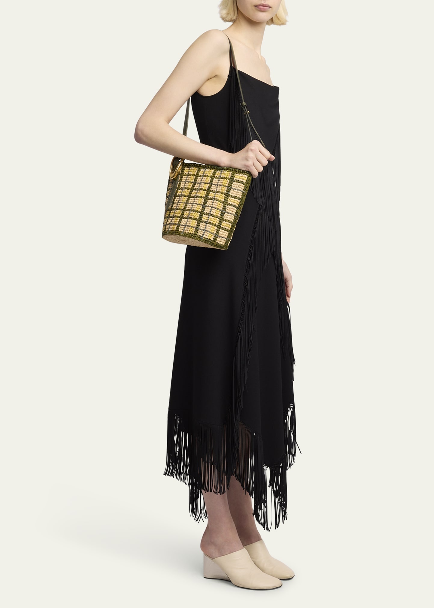 Small Plaid Raffia Bucket Bag - 5