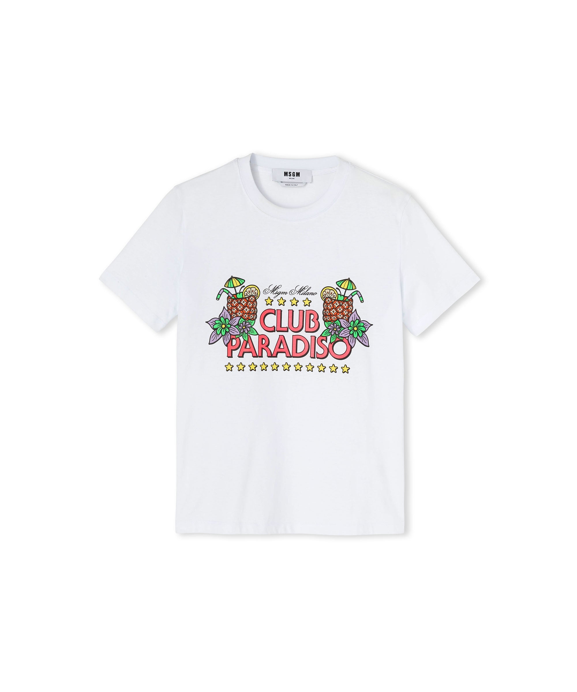 Solid color cotton crewneck t-shirt with "club paradiso" graphic - 1