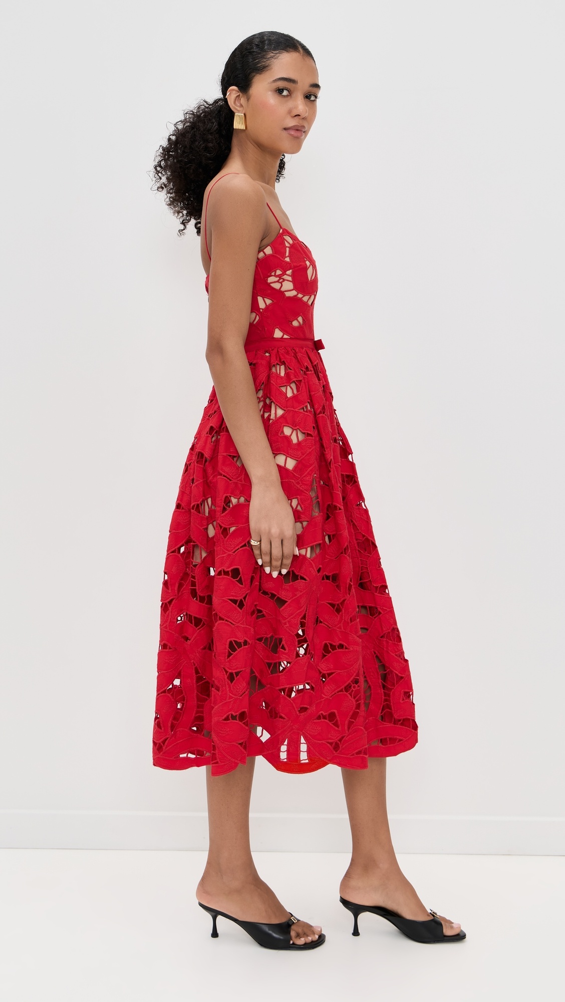 Red Bow Embroidered Midi Dress - 3