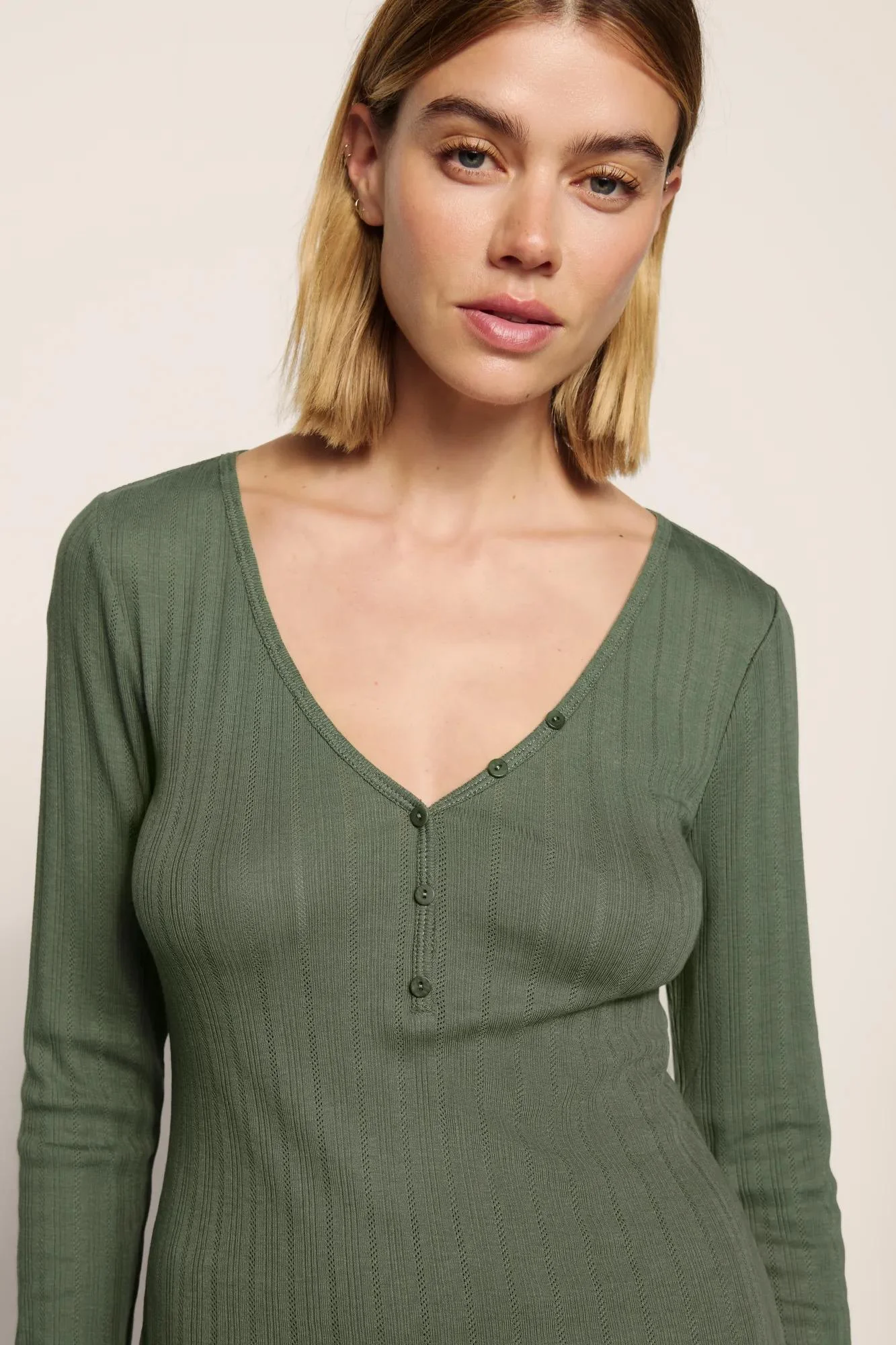 Pointelle V Neck Henley - 1