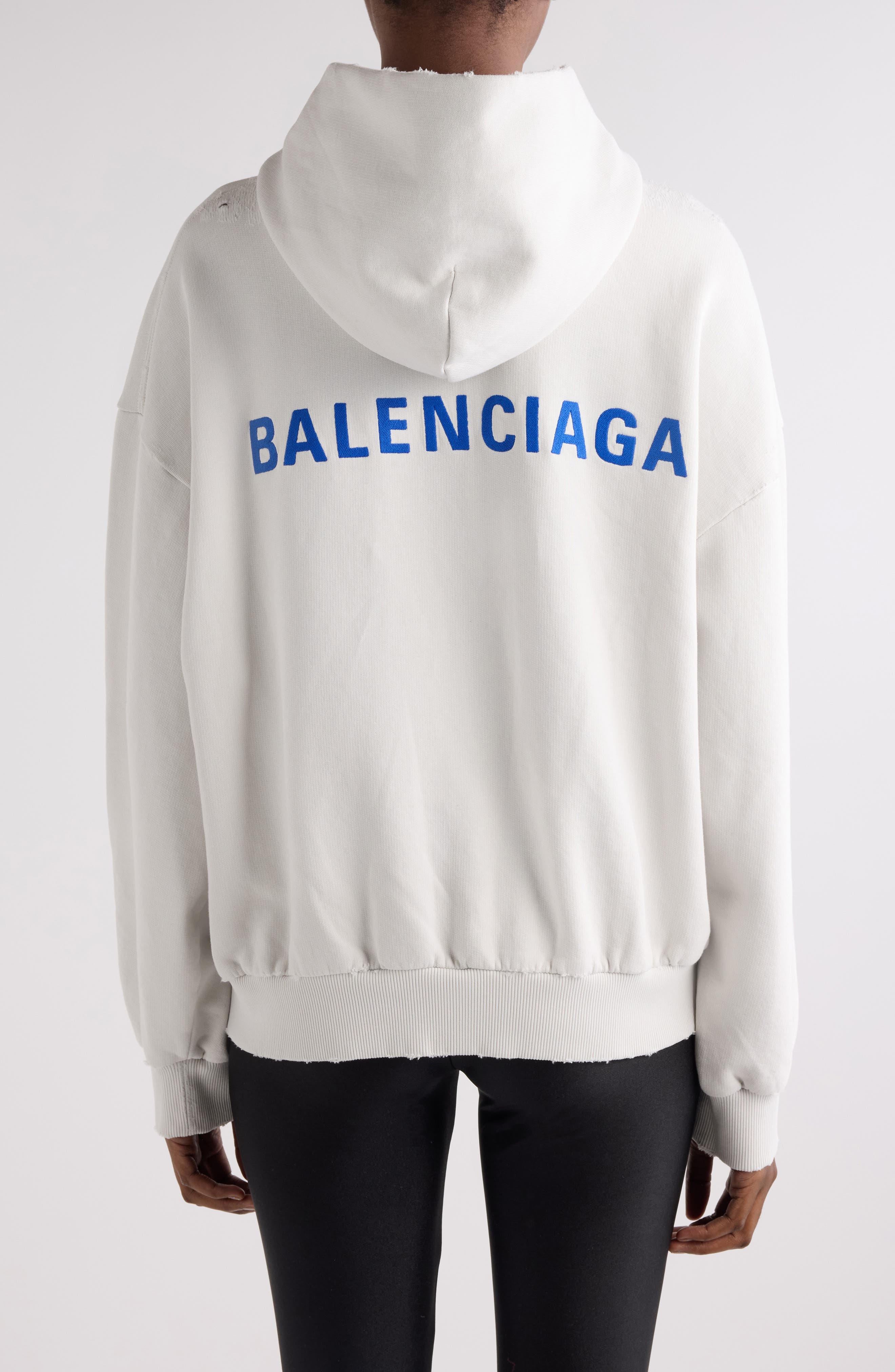 Balenciaga Logo Embroidered Distressed Dry Fleece Zip Hoodie in 8016 Dirty Wht/Sport Blue at Nordstr - 2