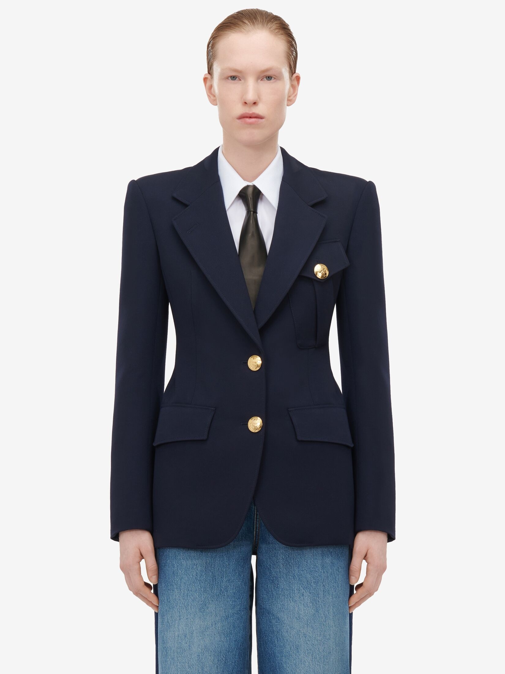 Women's Single-breasted Military Jacket in Navy - 5
