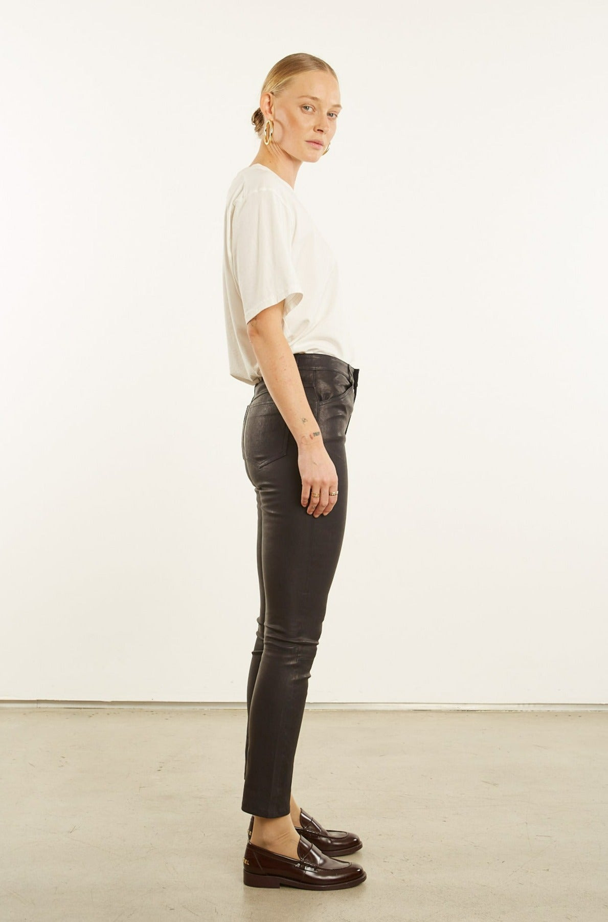 BLACK LEATHER 5 POCKET SLIM PANTS - 3