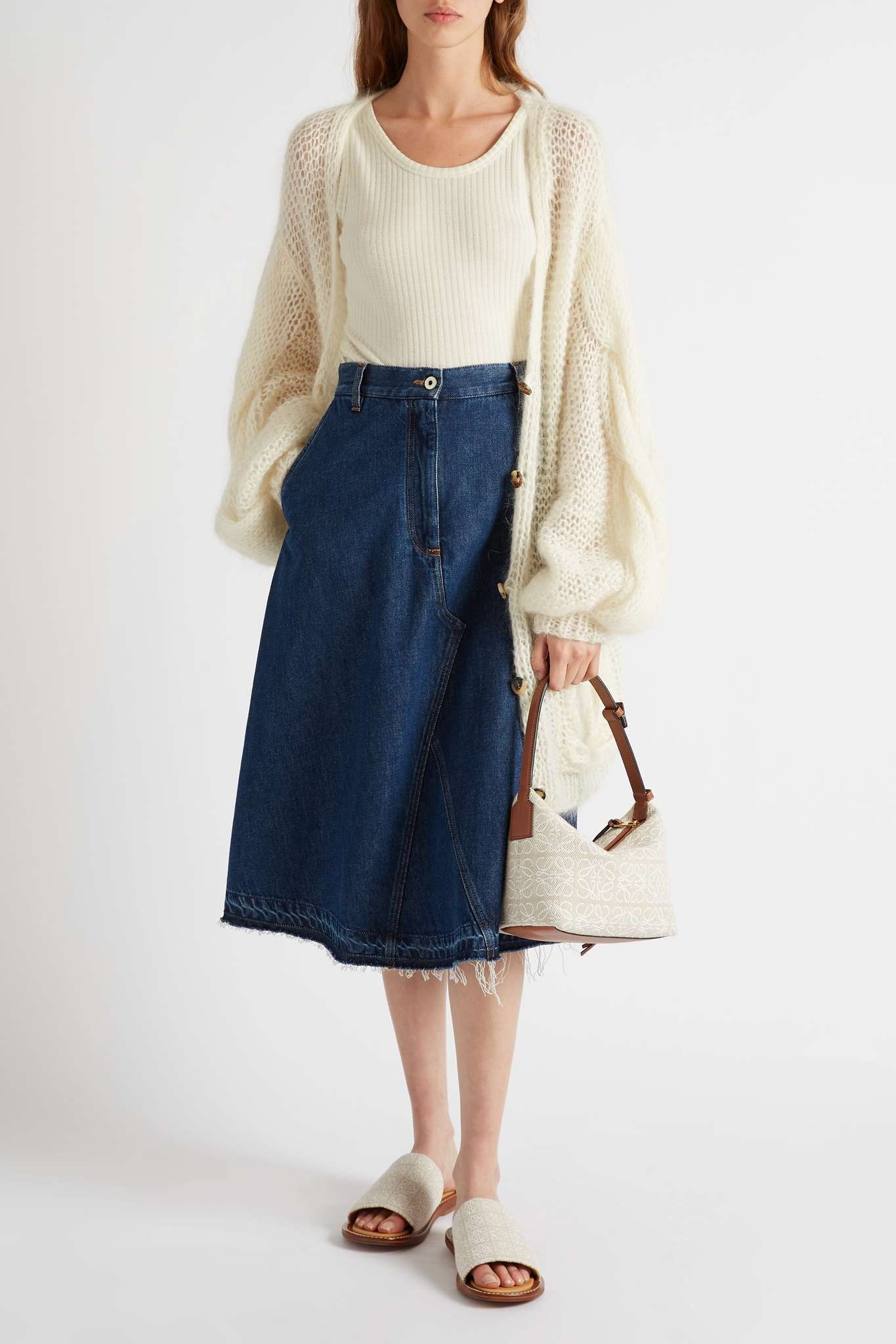 Frayed two-tone denim midi skirt - 2