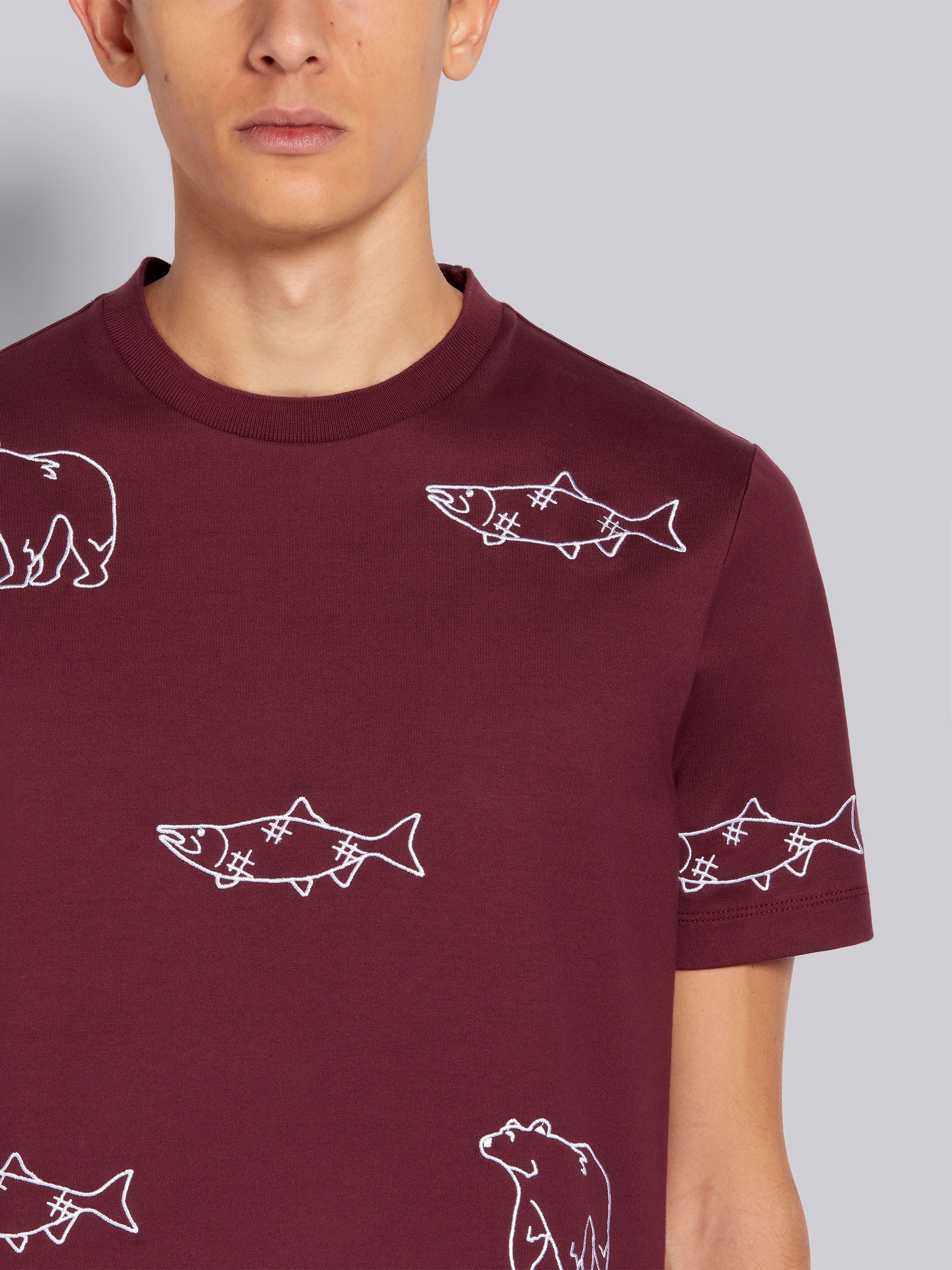 Dark Red Medium Weight Jersey Bear and Salmon Half Drop Embroidery Short Sleeve Tee - 5