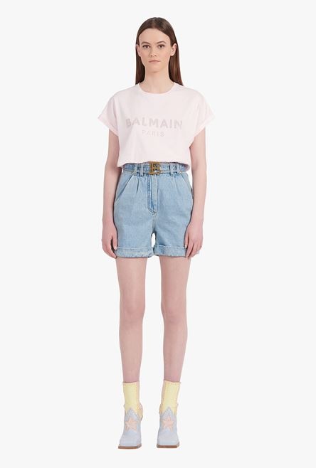 Light blue eco-designed denim high-waisted shorts with Balmain buckle - 4