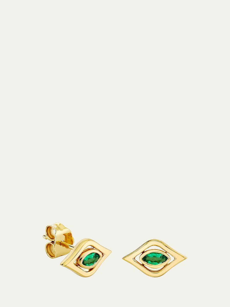 14K Emerald Fluted Evil Eye Stud Earrings - 1