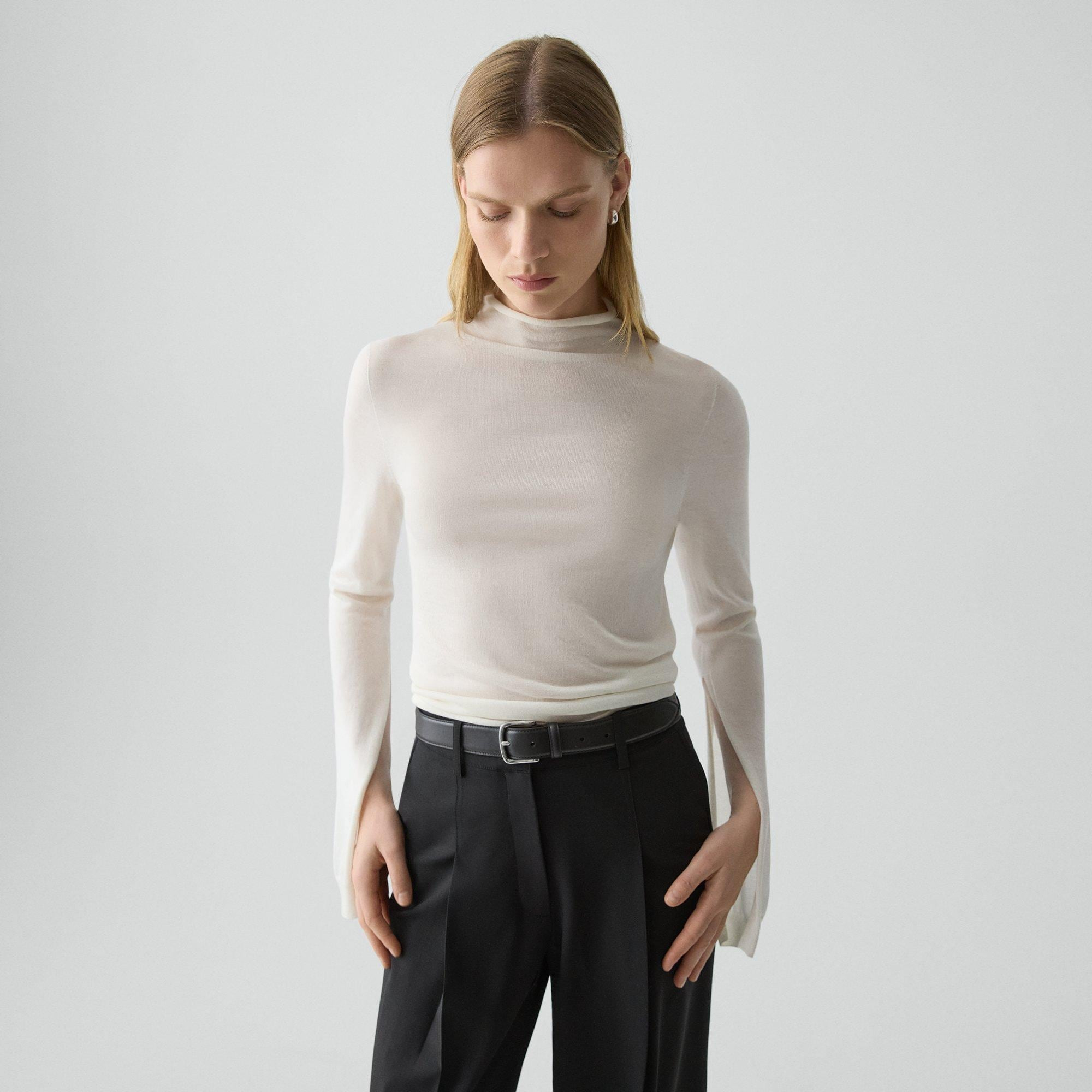 Slit Sleeve Turtleneck Sweater in Wool-Viscose - 2