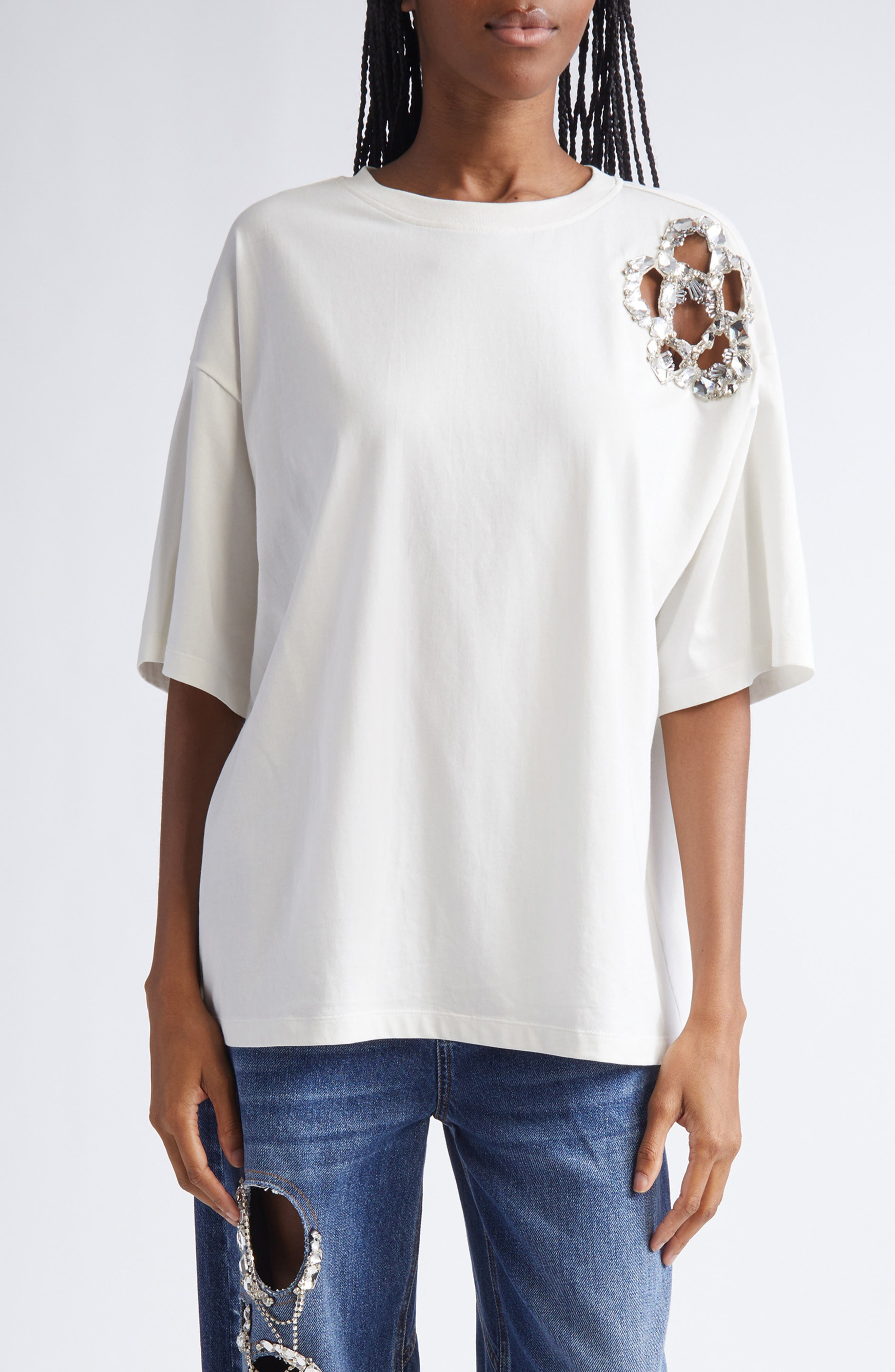 Area Crystal Cluster Flower T-Shirt in White at Nordstrom - 1