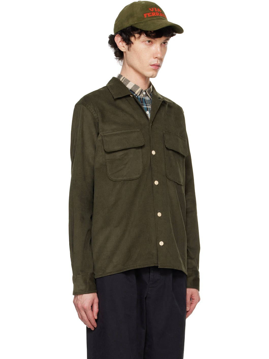 Khaki Corduroy Camp Collar Long Sleeve Shirt - 2