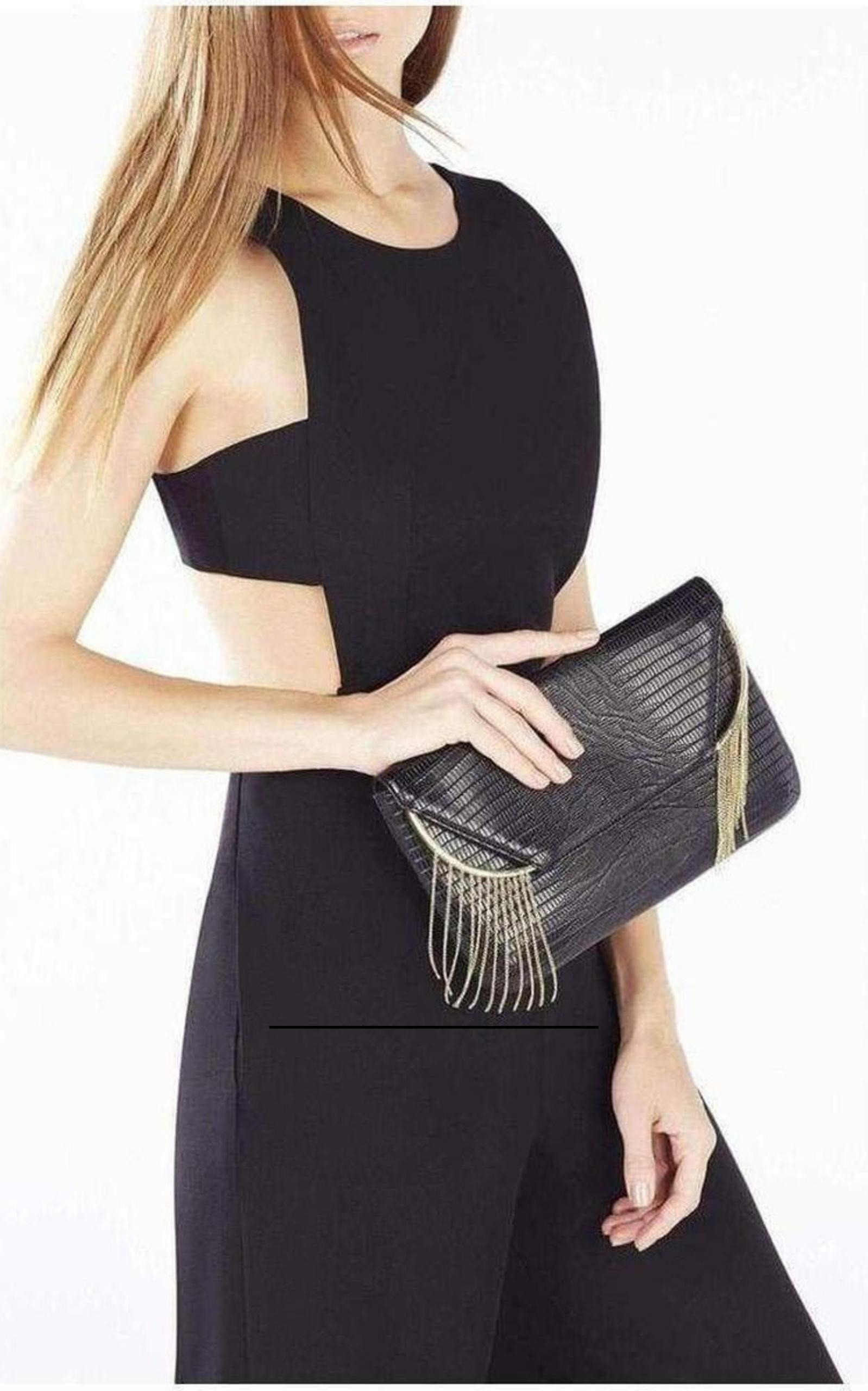 BCBGMAXAZRIA - Black Snake Embossed Chain Fringe Clutch - 2