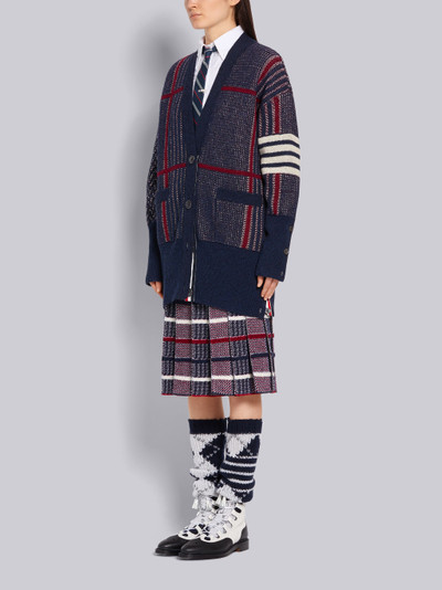 Thom Browne Tricolor Shetland Wool Check Jacquard Oversized V-neck 4-Bar Cardigan outlook