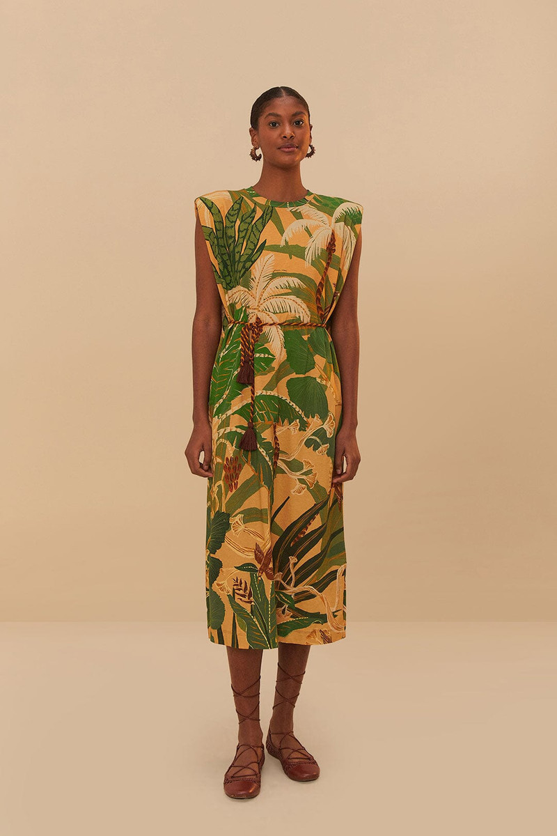 Beige Tropical Isla Padded Shoulders Midi Dress 1