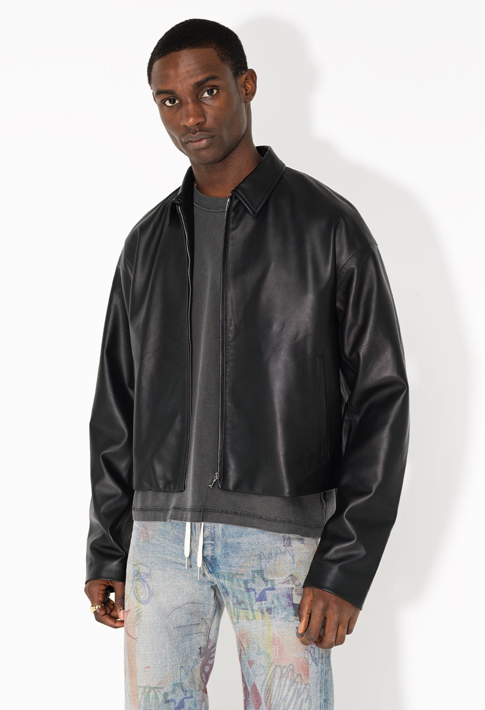 LEATHER CROPPED ZIP JACKET - 2