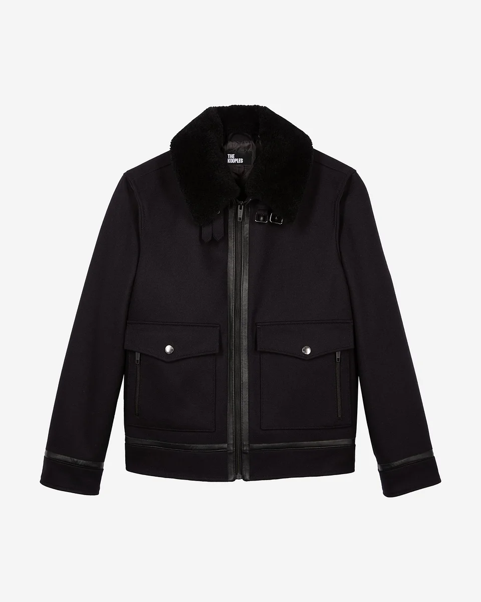 NAVY WOOL JACKET WITH SHERPA COLLAR - 1