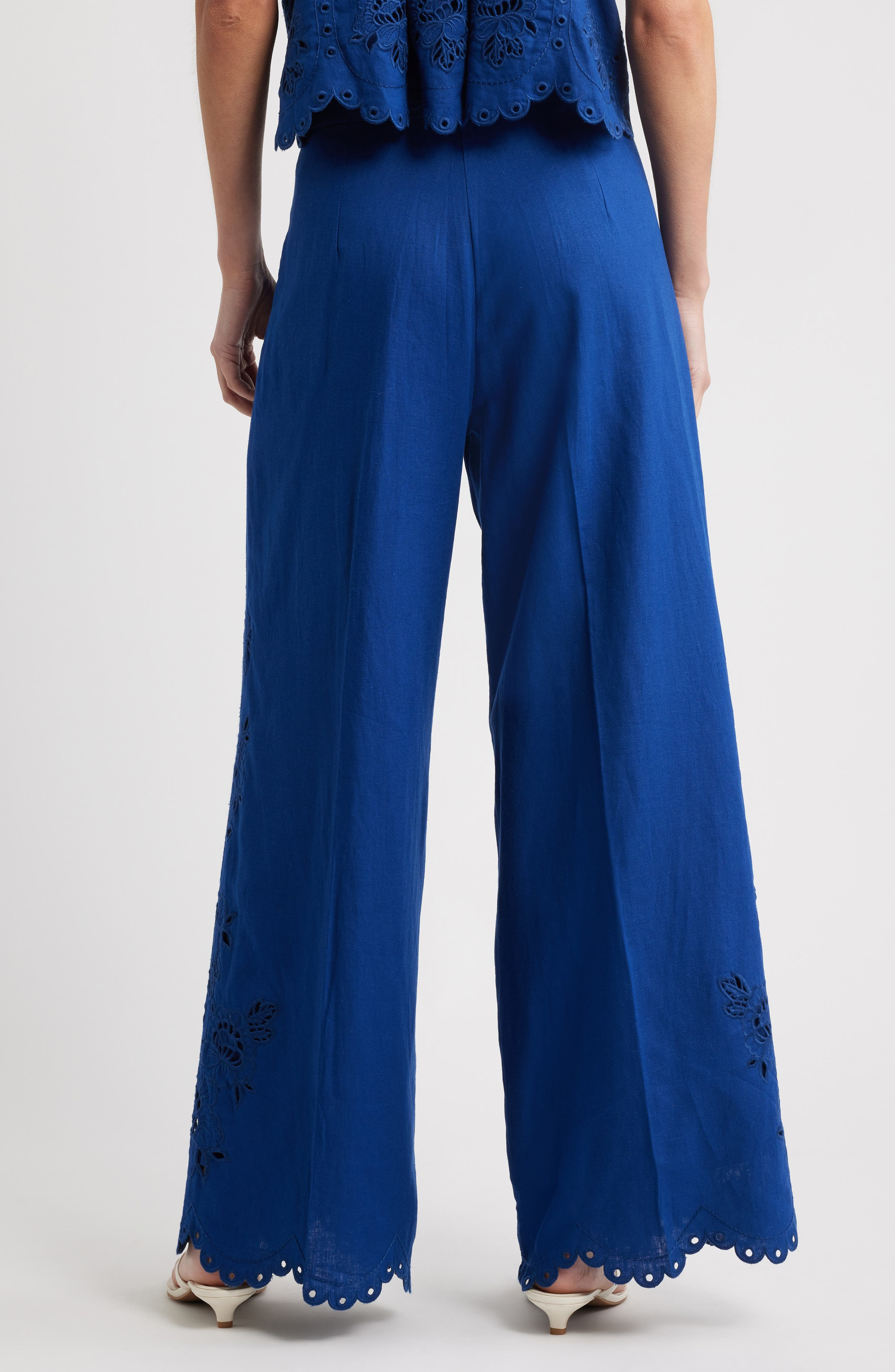 FARM Rio Richelieu Embroidery Detail Linen Blend Pants in Blue at Nordstrom - 2