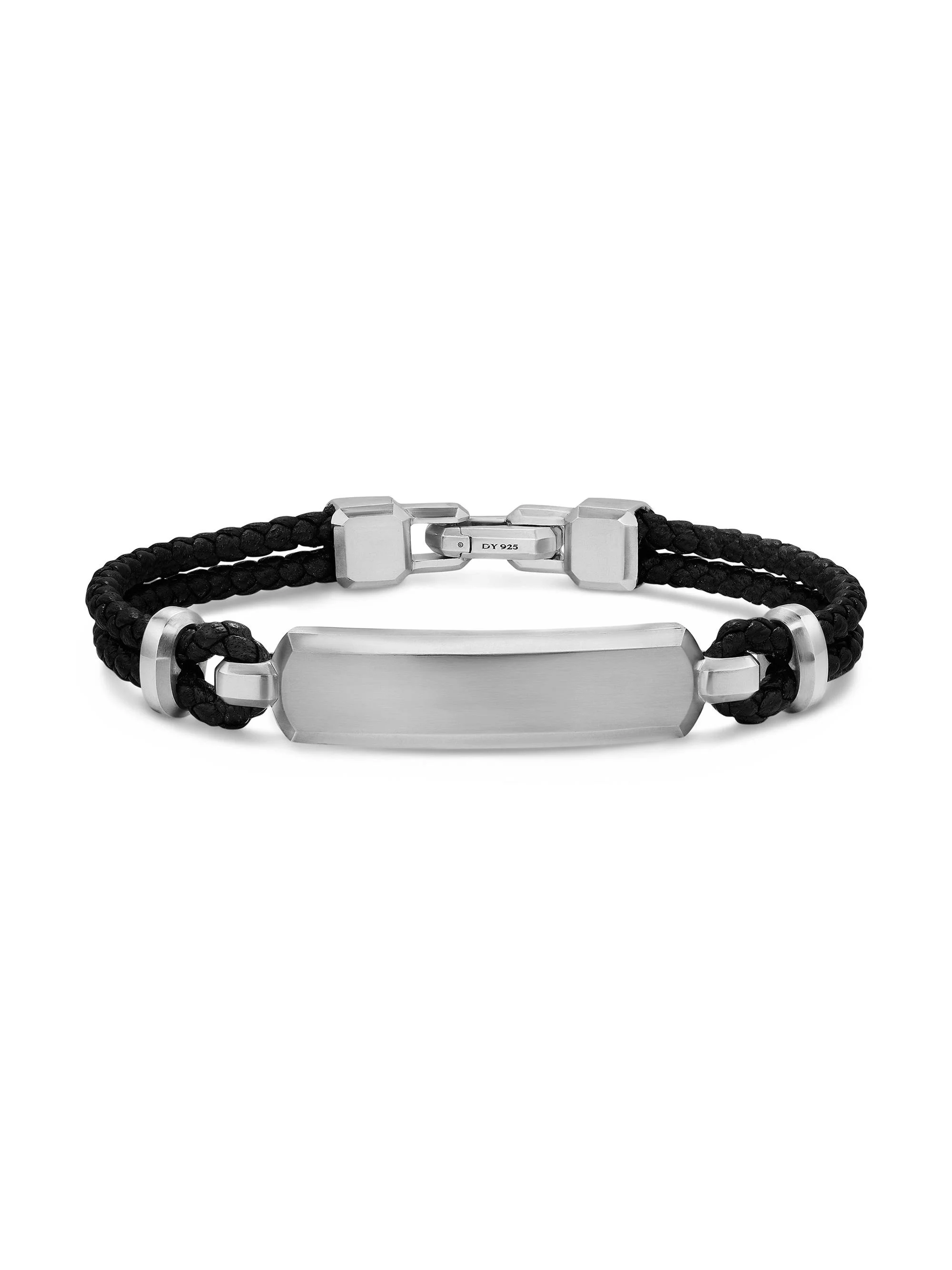 Men's Streamline ID Bar Bracelet in Black Leather - Silver - 1