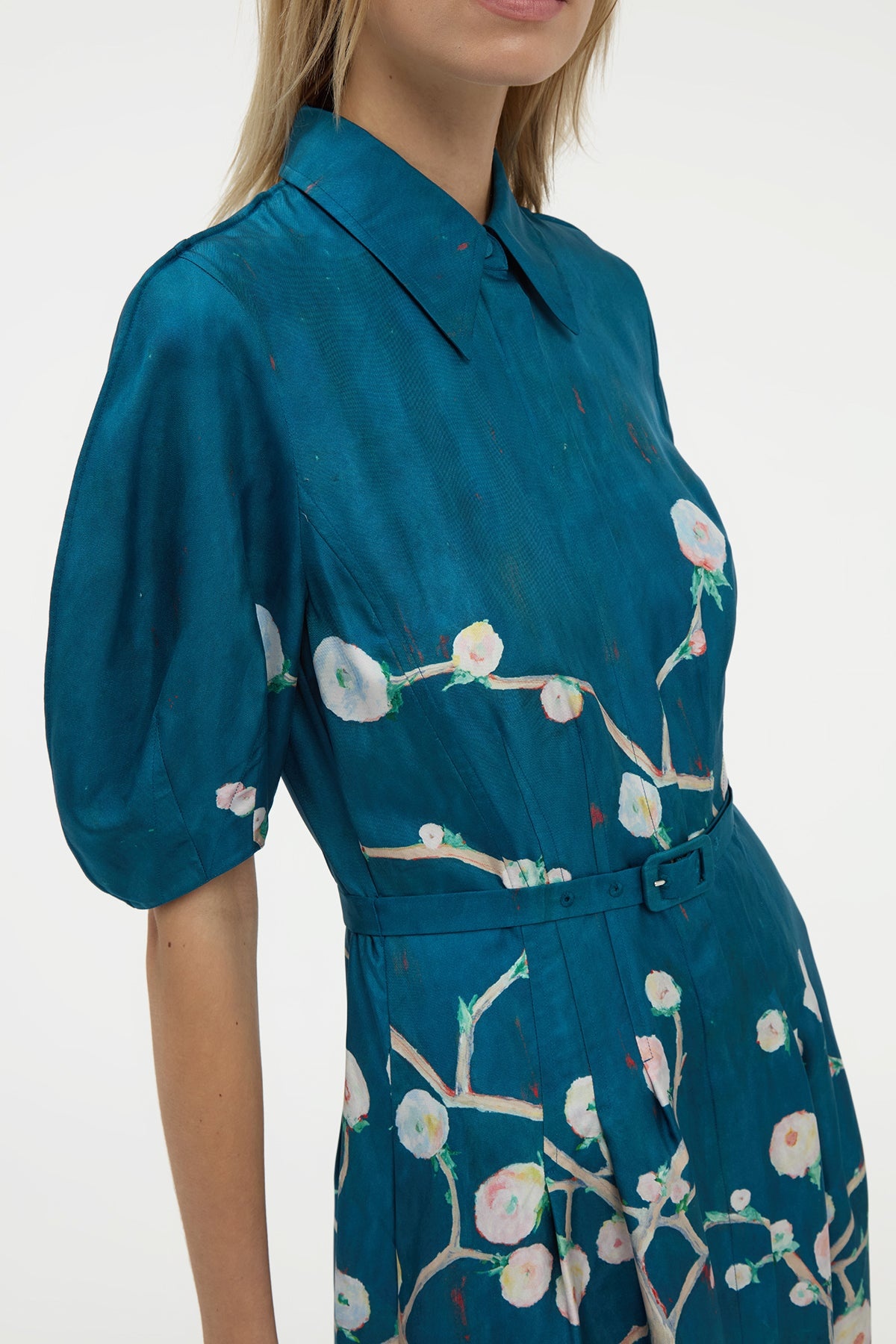 Maude Pleated Midi Shirtdress in Blue Multi Printed Silk Twill - 6