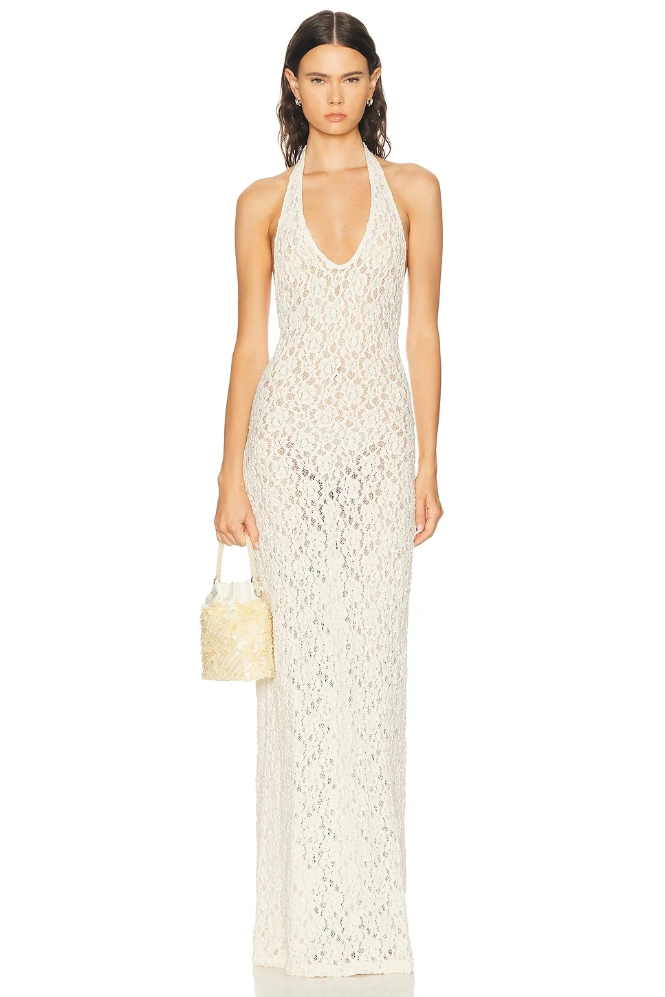 Puckered Lace Halter Dress - 1