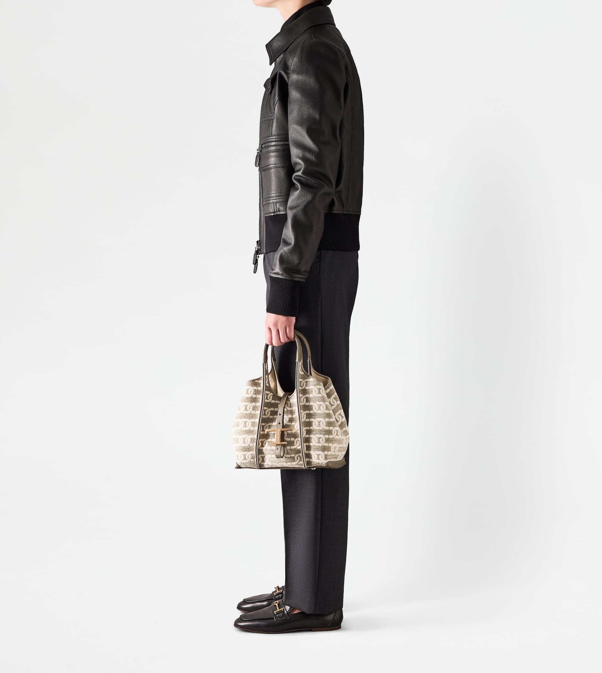 T TIMELESS SHOPPING BAG IN FABRIC AND LEATHER MINI - GREY, OFF WHITE - 3
