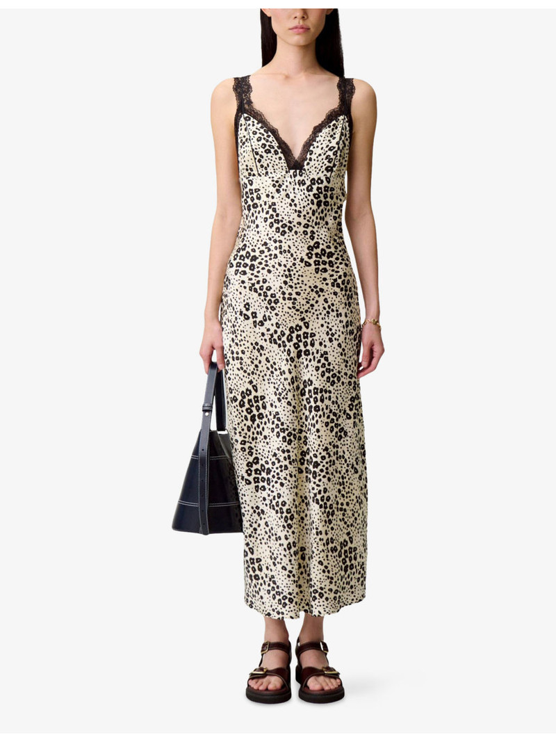 Claudie Pierlot Animal-Print Lace-Trim Satin Midi Dress outlook