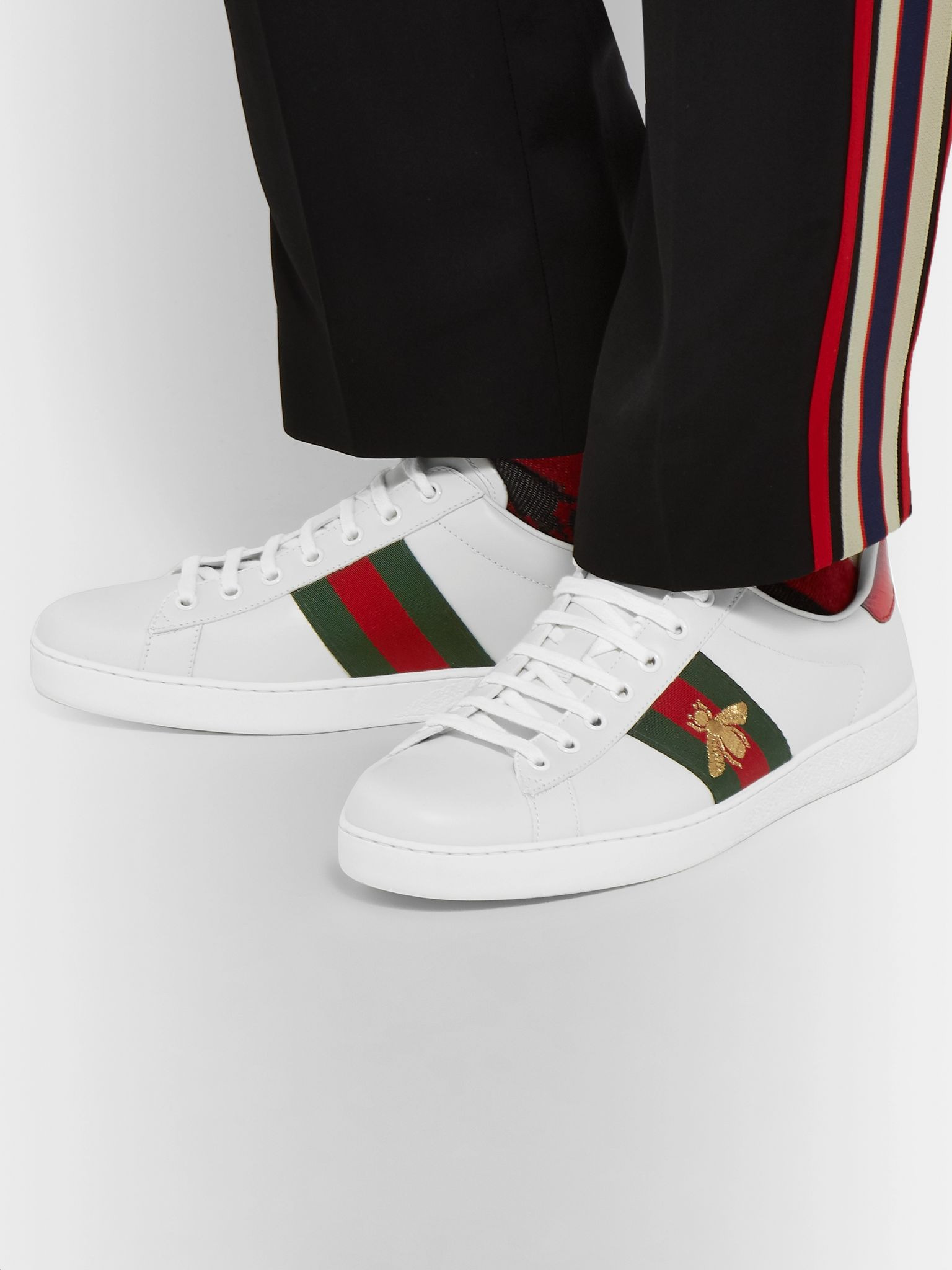 Ace Faux Watersnake-Trimmed Embroidered Leather Sneakers White - 3