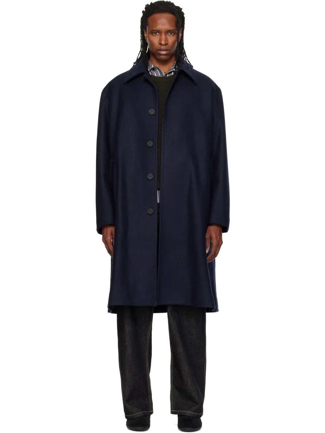Navy Wool Overcoat - 1
