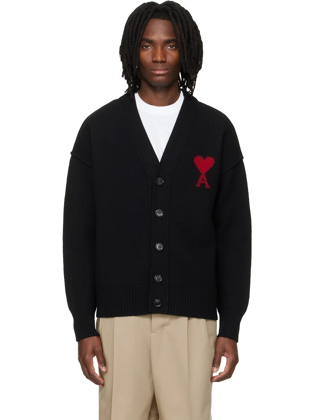 Black Wool Contrasted Ami de Coeur Cardigan - 1