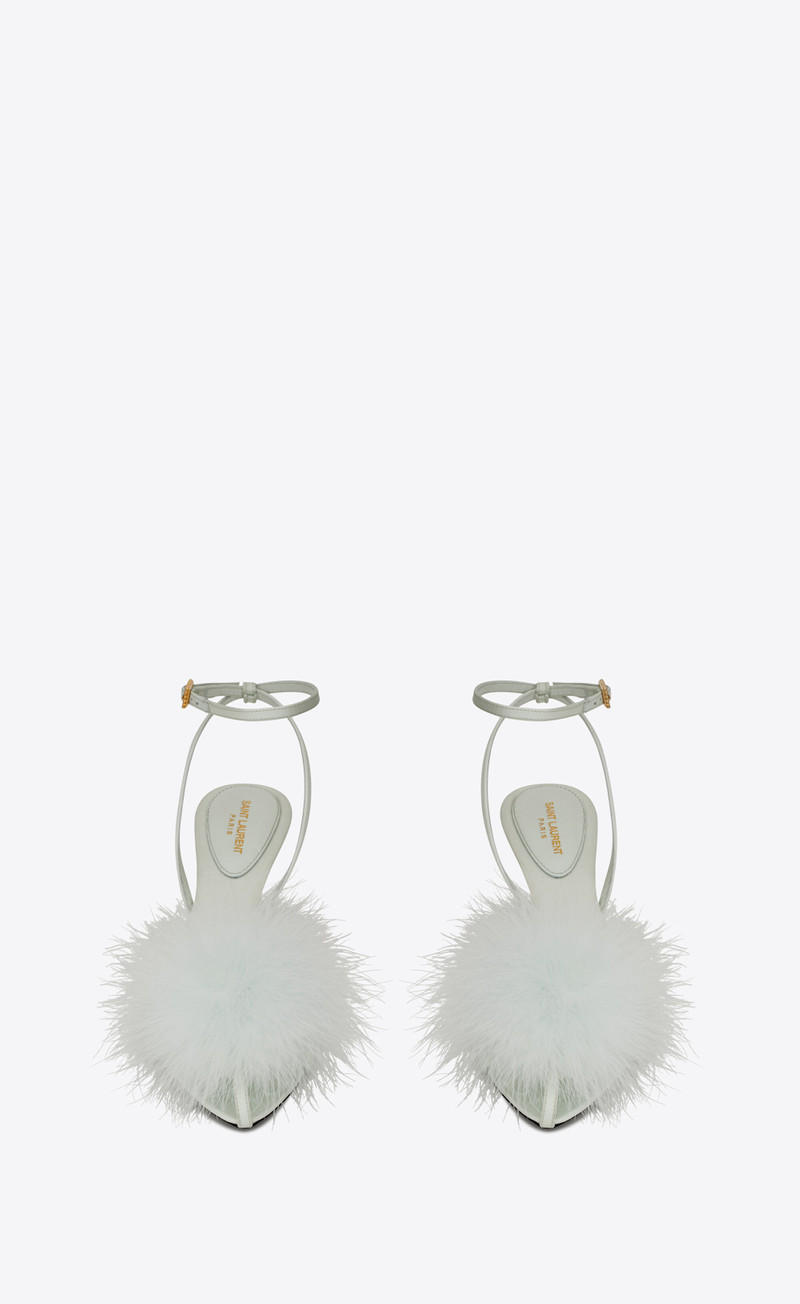 SAINT LAURENT mae mules in crepe satin with feathers outlook