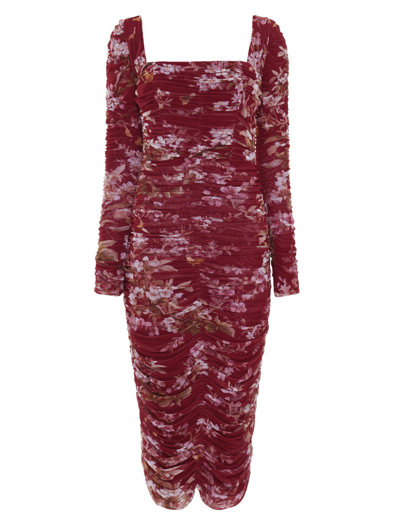 Women's Ruched Stretch Tulle Midi-Dress - Dark Red 1
