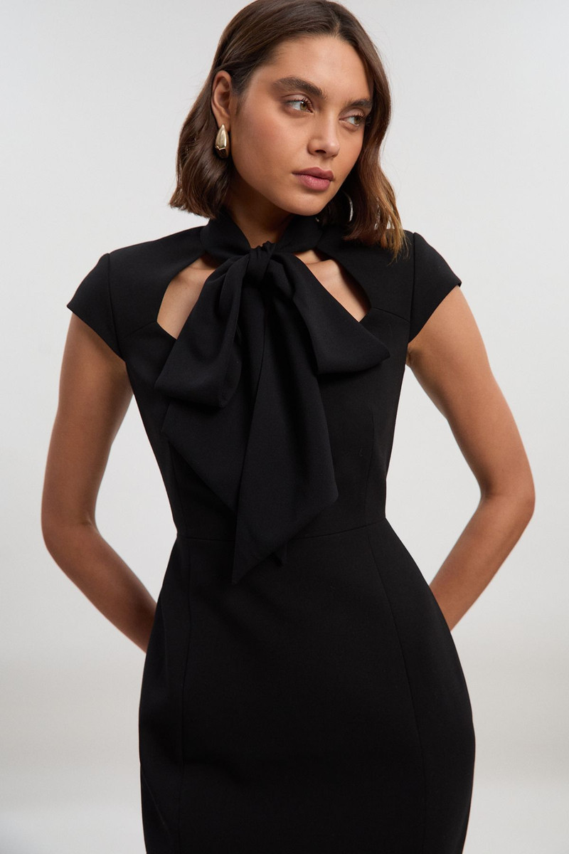 KAREN MILLEN Compact Stretch Bow Tie Neck Tailored Pencil Midi Dress outlook