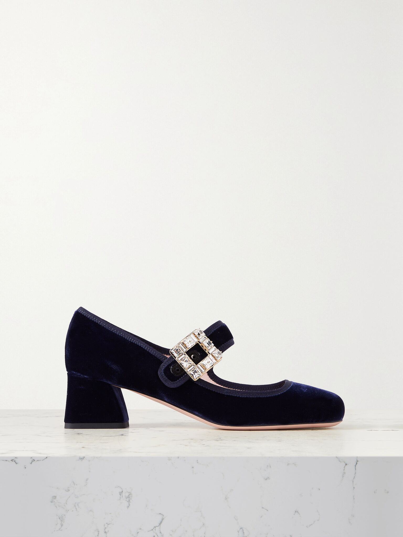 Très Vivier crystal-embellished velvet Mary Jane pumps Navy - 1