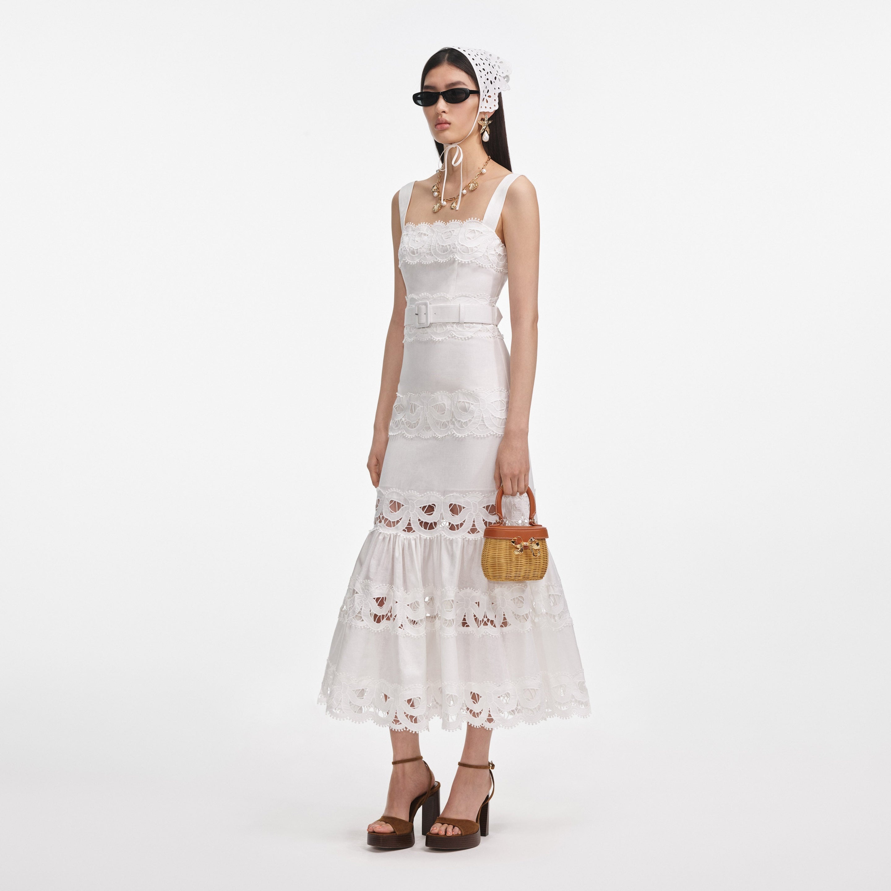 White Linen Lace Insert Midi Dress - 2