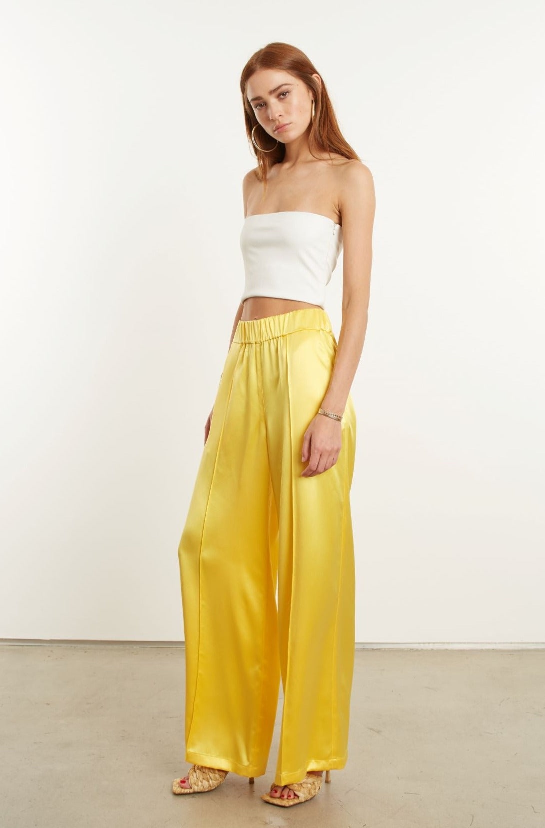 YELLOW SILK WIDE LEG PINTUCK PANTS - 3