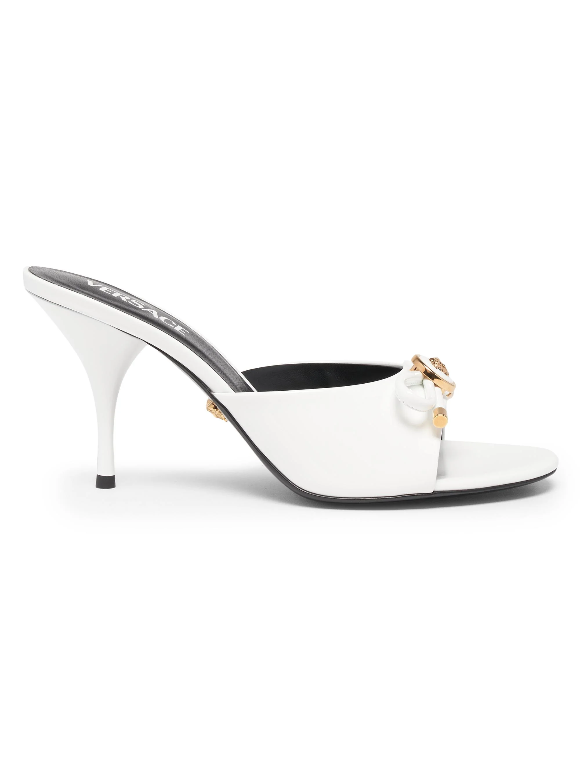 Women's Opera Bow 85MM Patent Leather Mules - Porcelain White Versace Gold - 1