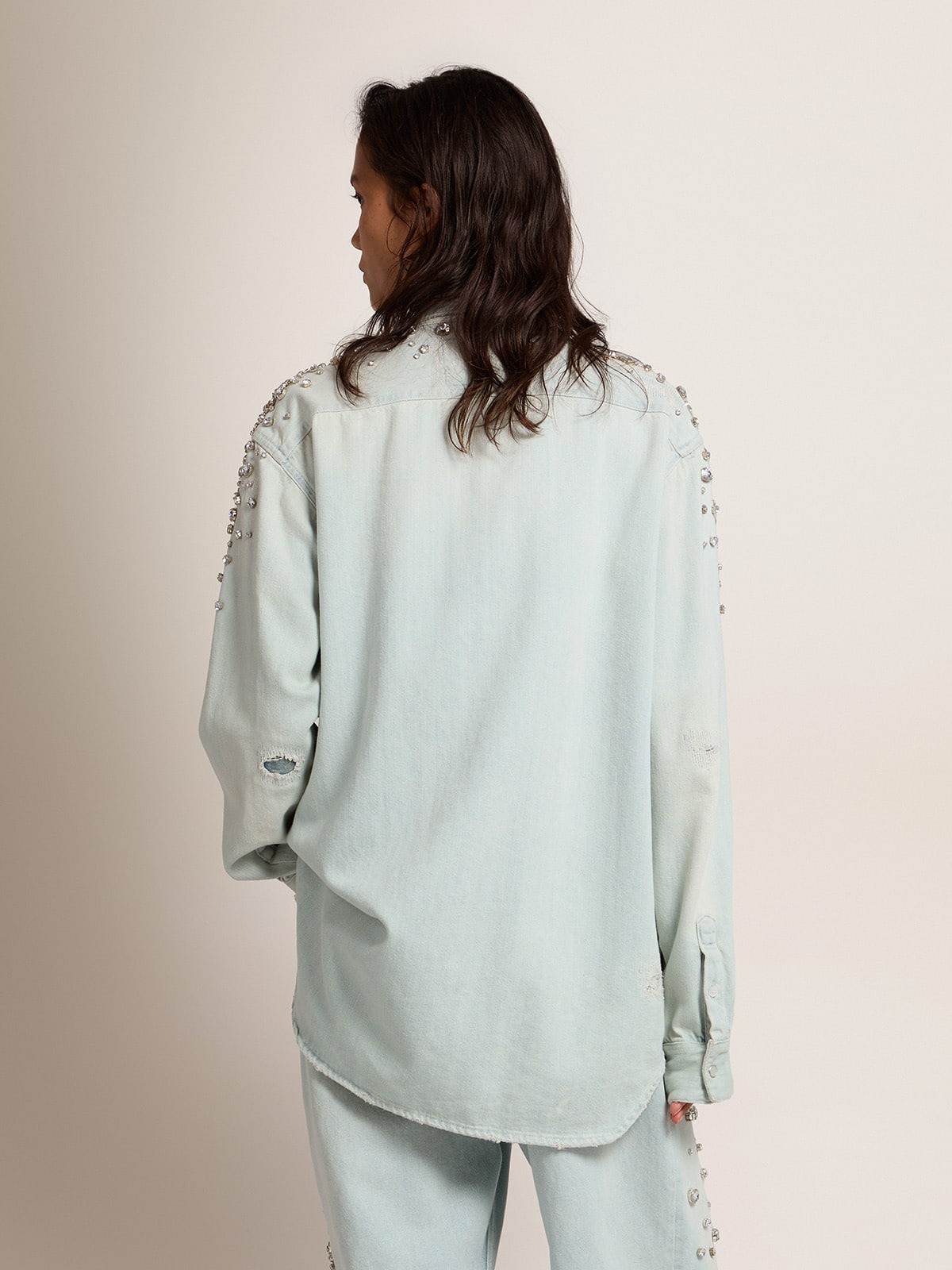 Women's bleached boyfriend shirt with cabochon crystals - 4
