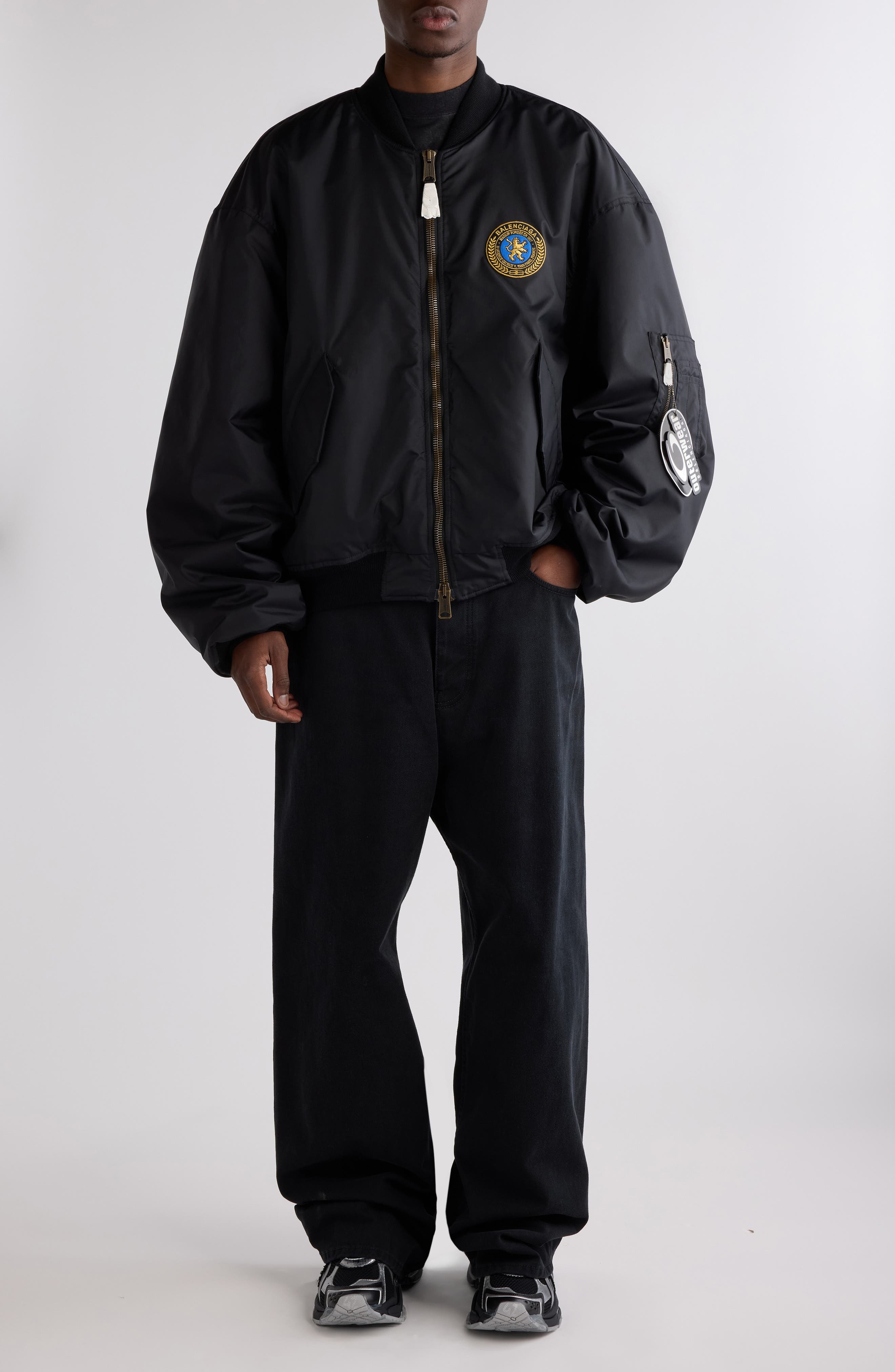Balenciaga Large Fit Nylon Bomber Jacket in 1000 Black at Nordstrom - 1