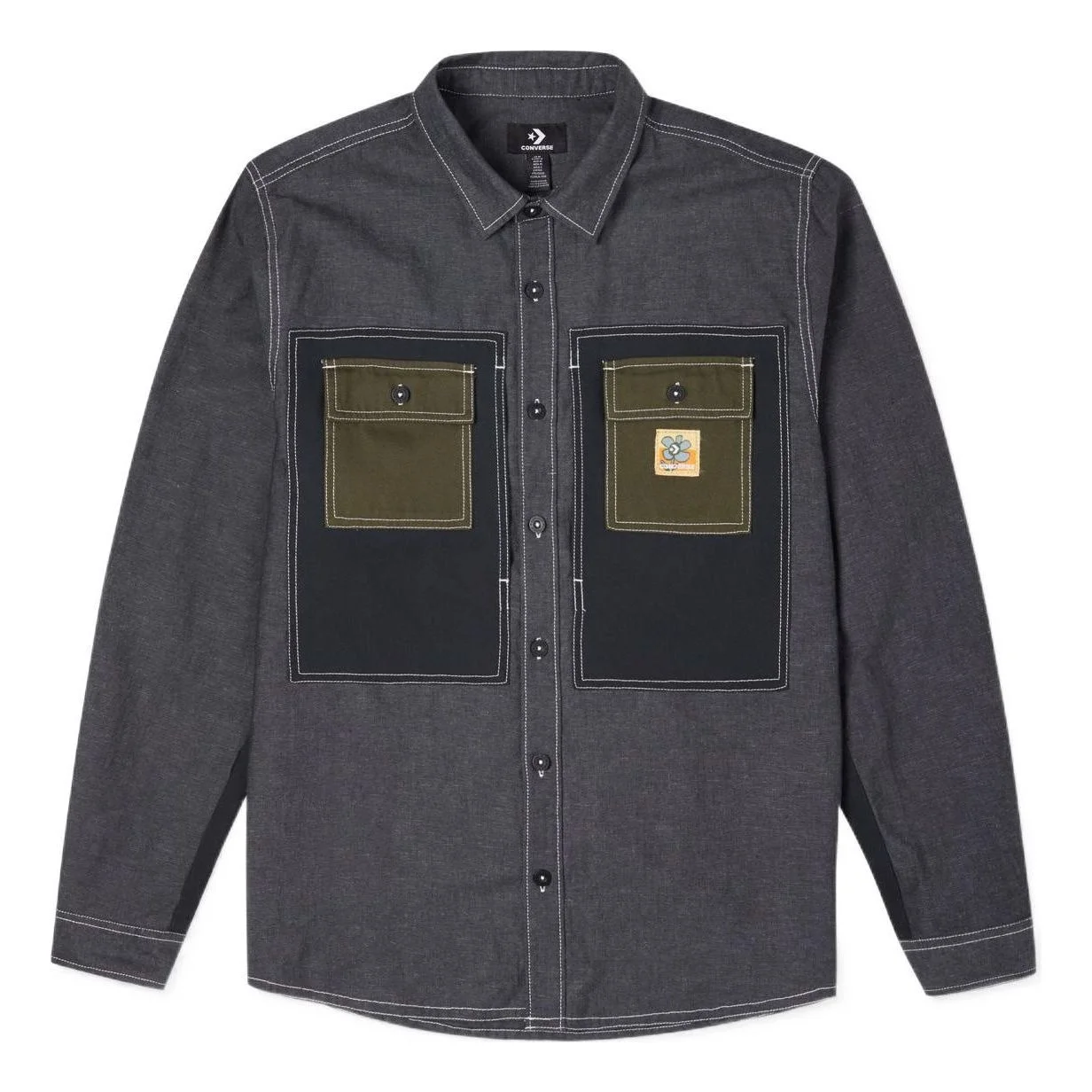 Men's Converse Flowers Small Logo Retro Splicing Contrasting Colors Woven Shirt Jacket Dark Black 10 - 1